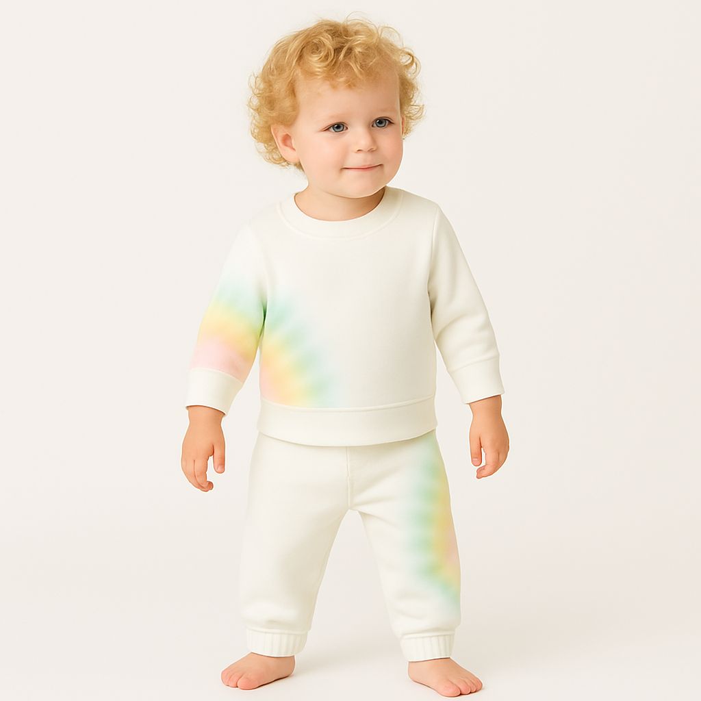 Child wearing a tie-dye outfit on a plain background
