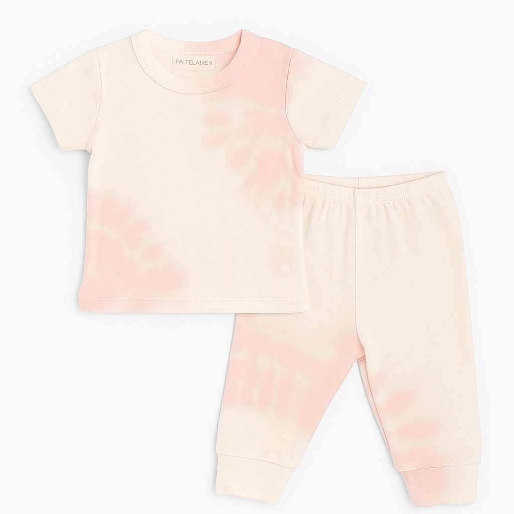 Pastel tie-dye shirt and pants set on a white background