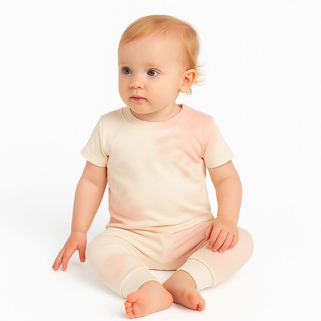 Baby wearing a light pink outfit on a white background