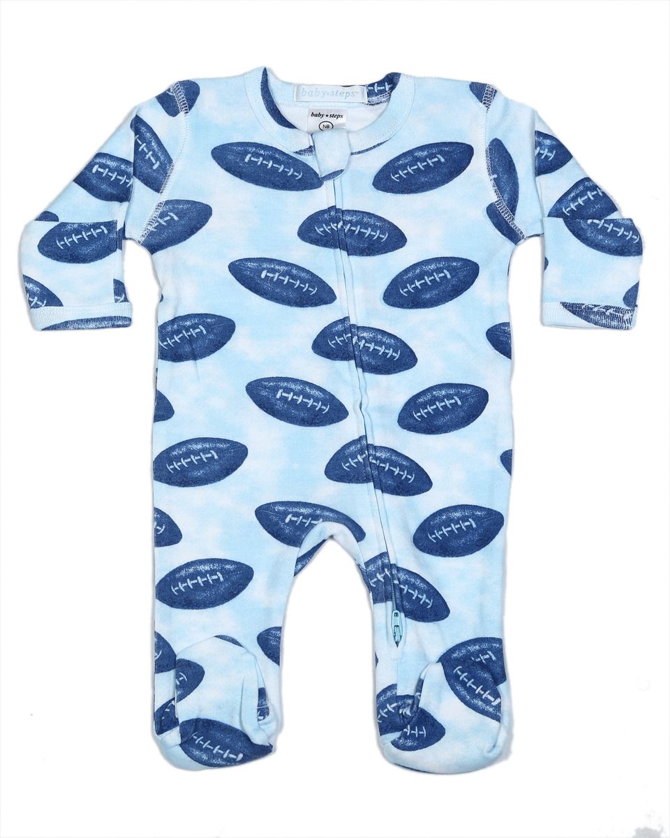 Football Blue Zipper Footie - Twinkle Twinkle Little One