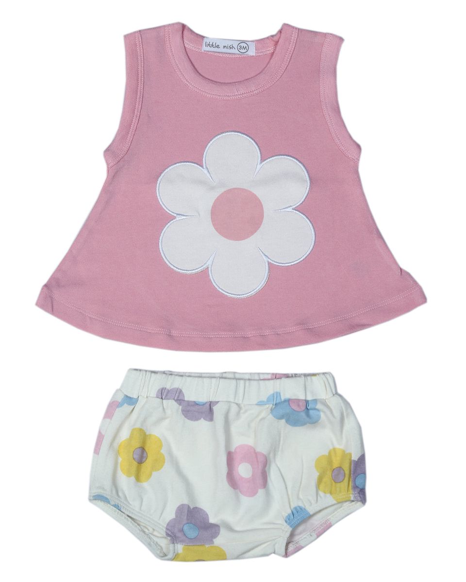 Pink sleeveless top with a white flower design and matching bloomers with colorful floral patterns on a white background.