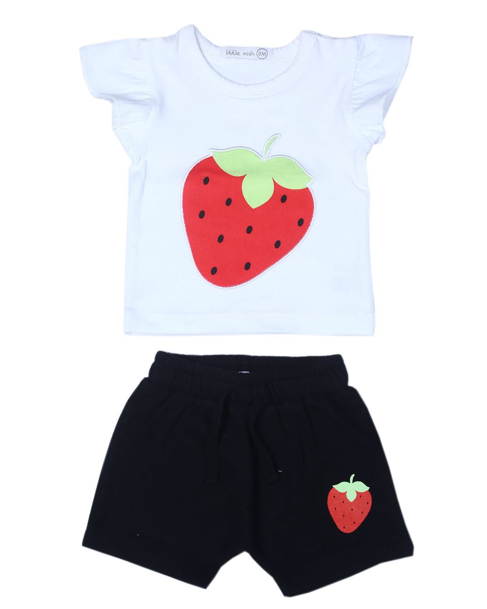 Children's outfit with white t-shirt and black shorts featuring strawberry graphics on a white background.