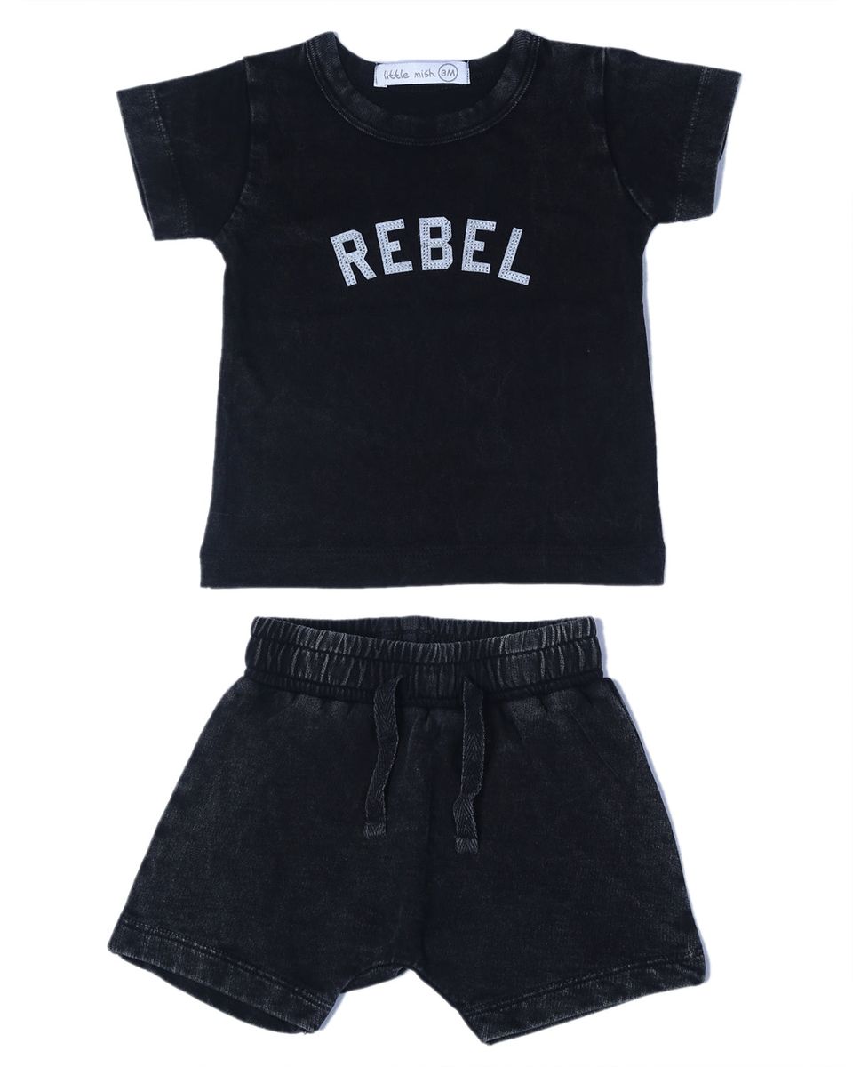Black t-shirt with 'REBEL' text and black shorts on a white background