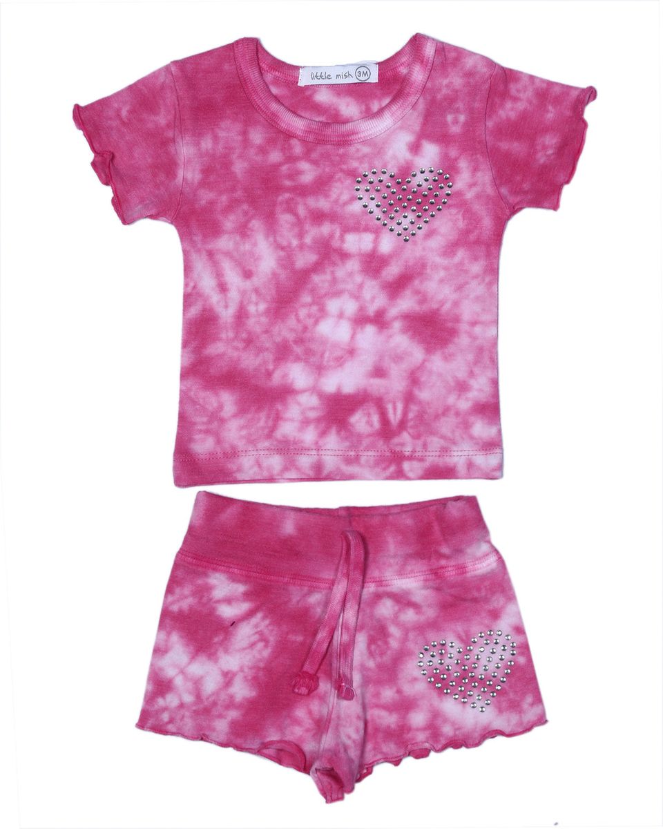 Pink tie-dye shirt and shorts set with rhinestone heart designs on a white background