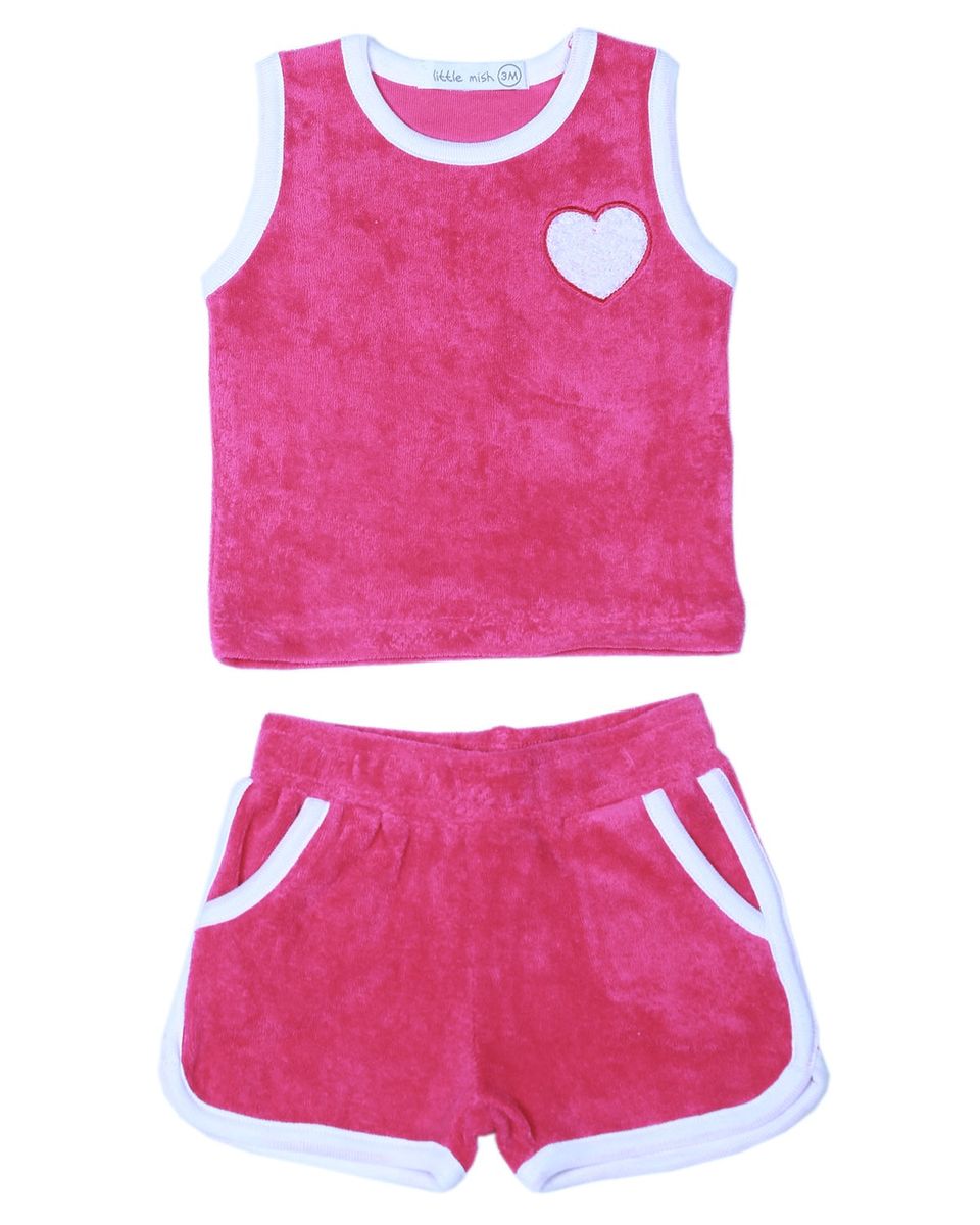 Pink sleeveless top and shorts set with a heart design on a white background