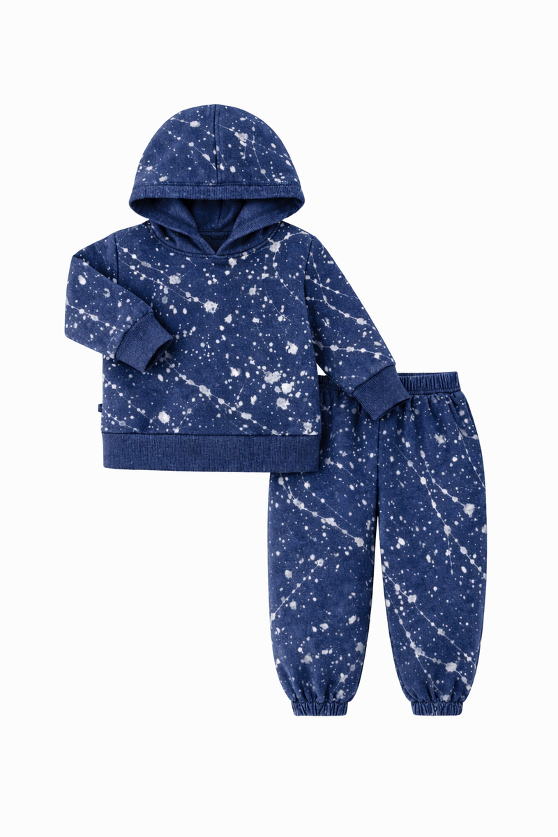 Navy Splatter Brushed Rib-Hoodie & Balloon Pant Sets