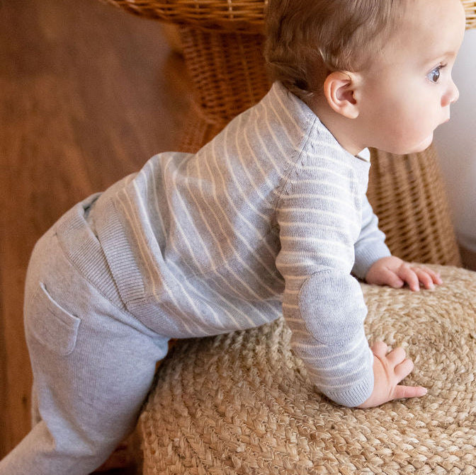 Milan Raglan Button Knit Baby Pullover Sweater & Pant Set - Grey Stripe - Twinkle Twinkle Little One