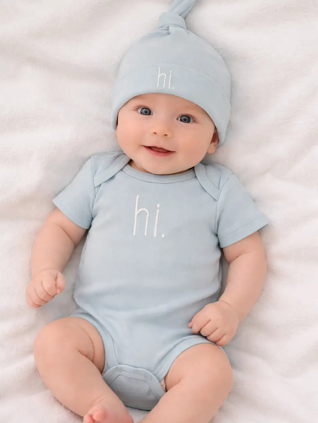 Hi. Embroidered Surf Blue Cotton Knit Onesie & Top Knot Hat