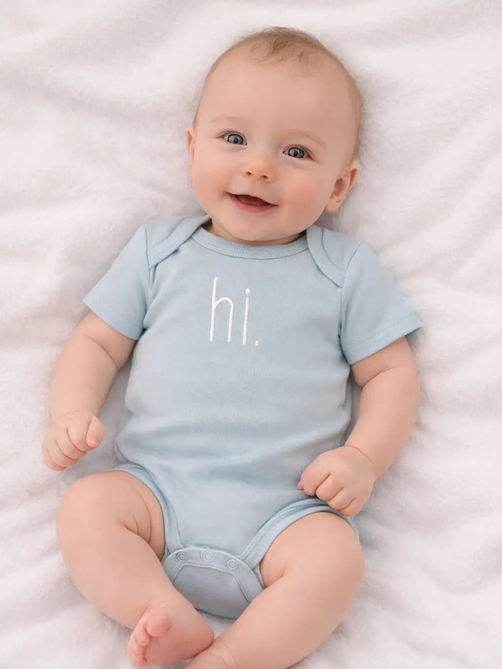 Hi. Embroidered Surf Blue Cotton Knit Onesie & Top Knot Hat