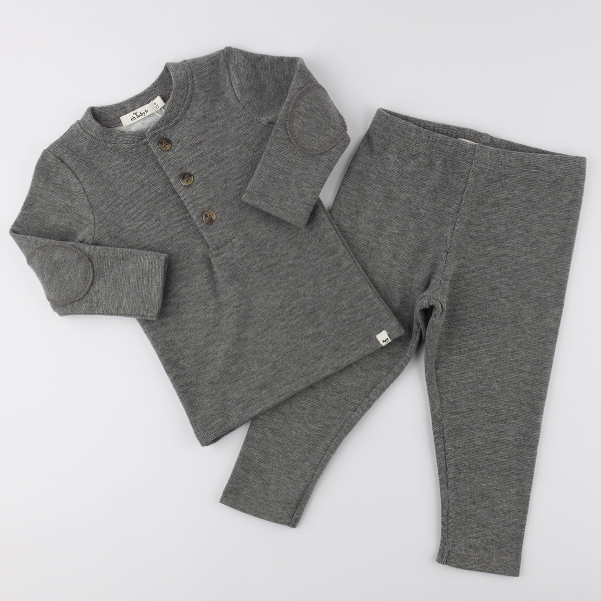 Mini Honeycomb Elbow Patch Henley 2 Pc Set - Charcoal - Twinkle Twinkle Little One