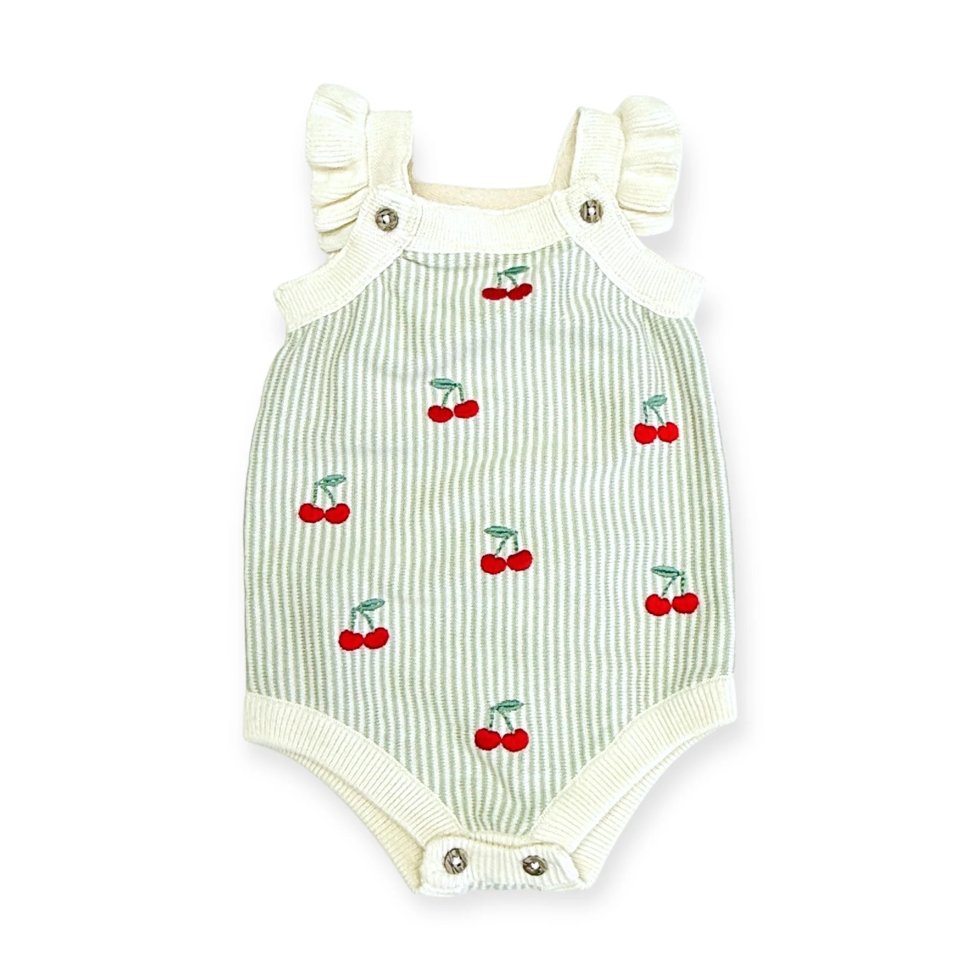 Cherry Stripe Embroidered Knit Baby Ruffle Romper (Organic Cotton)