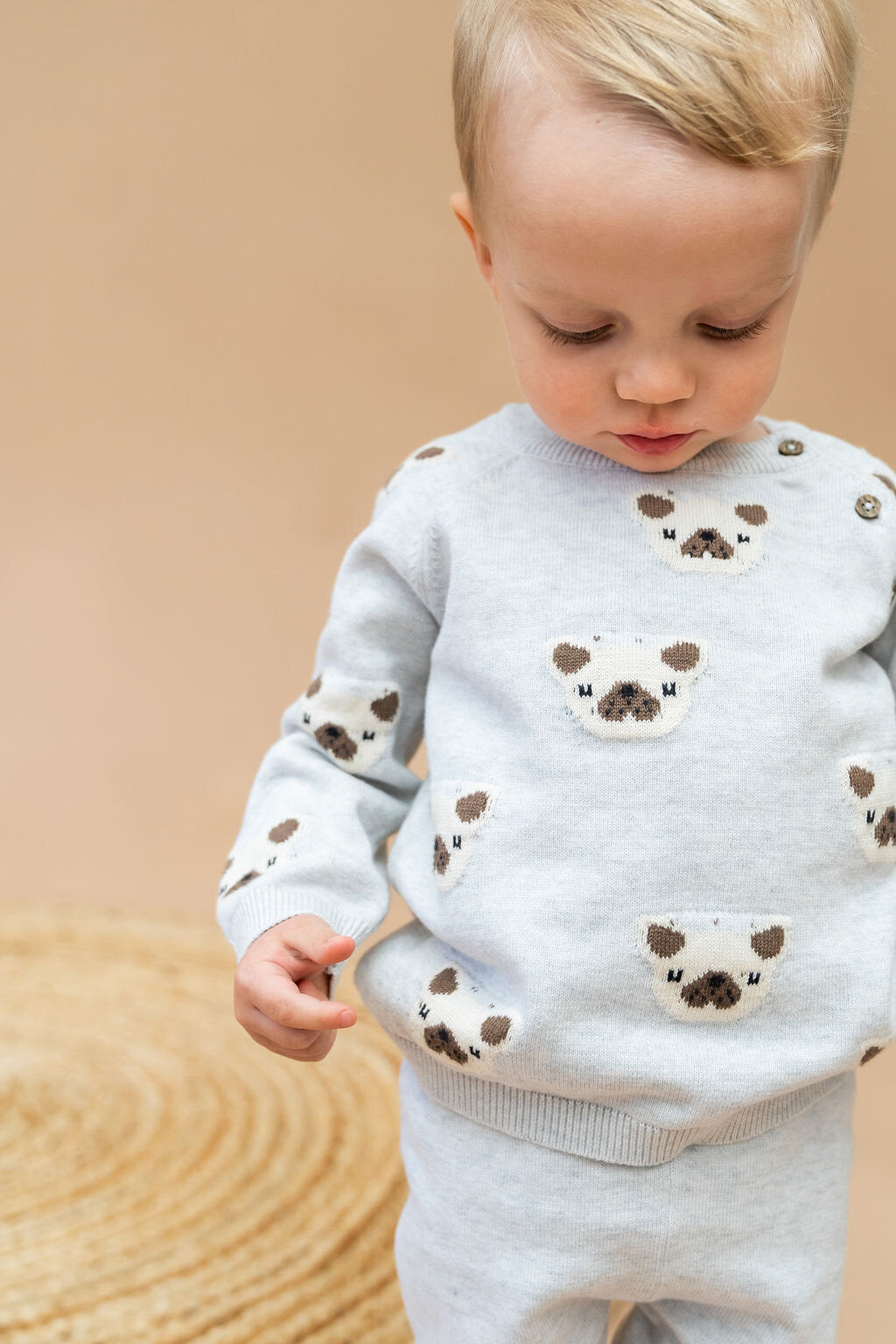 Frenchie Puppy Jacquard Knit Baby Raglan Pullover Sweater & Pant Set - Twinkle Twinkle Little One