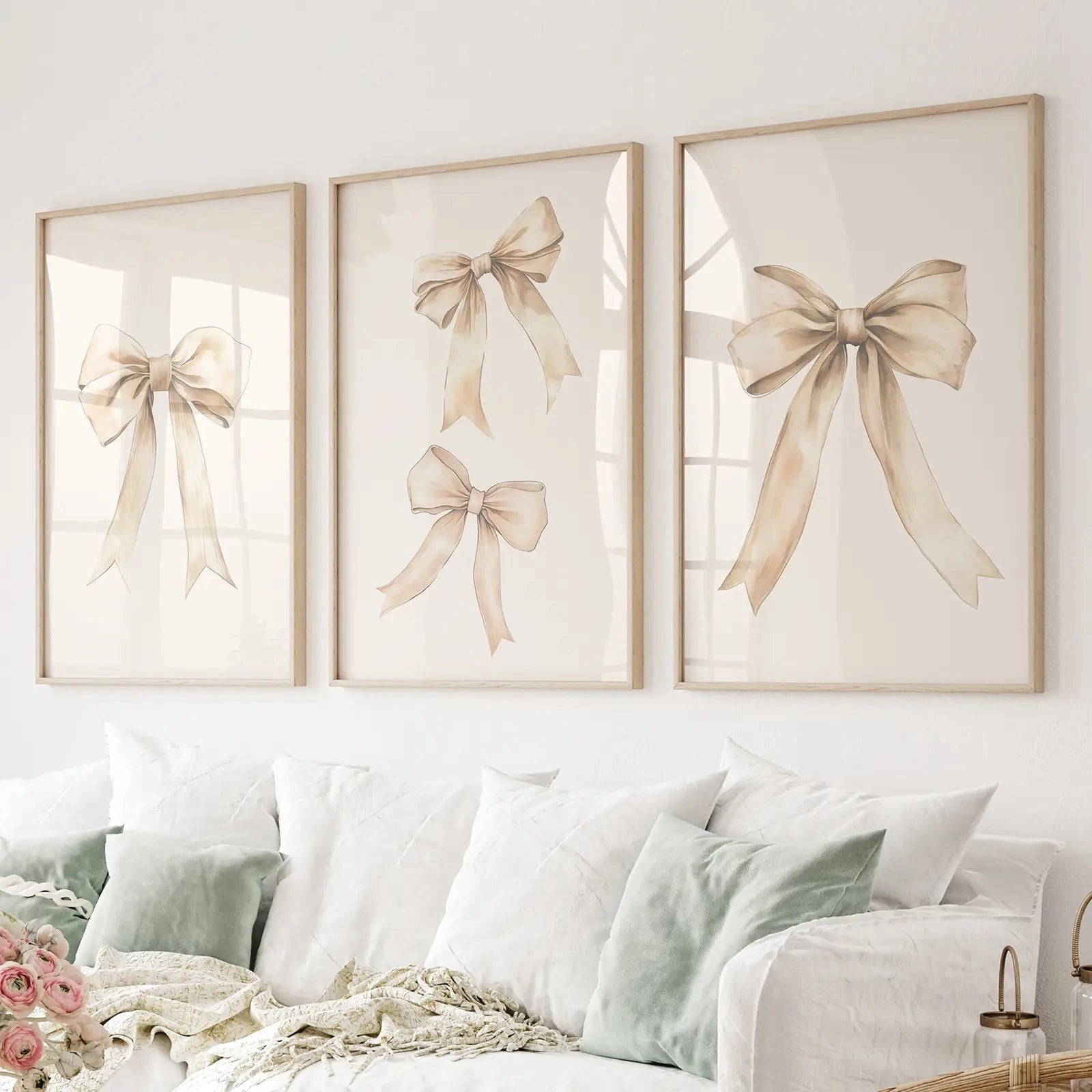 Thin Framed Beige Bows Art Prints - Set of 3