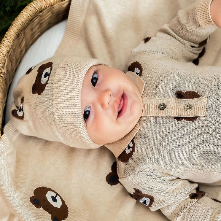 Organic Cotton Bear Sweater Knit Round Baby Beanie Cap - Twinkle Twinkle Little One