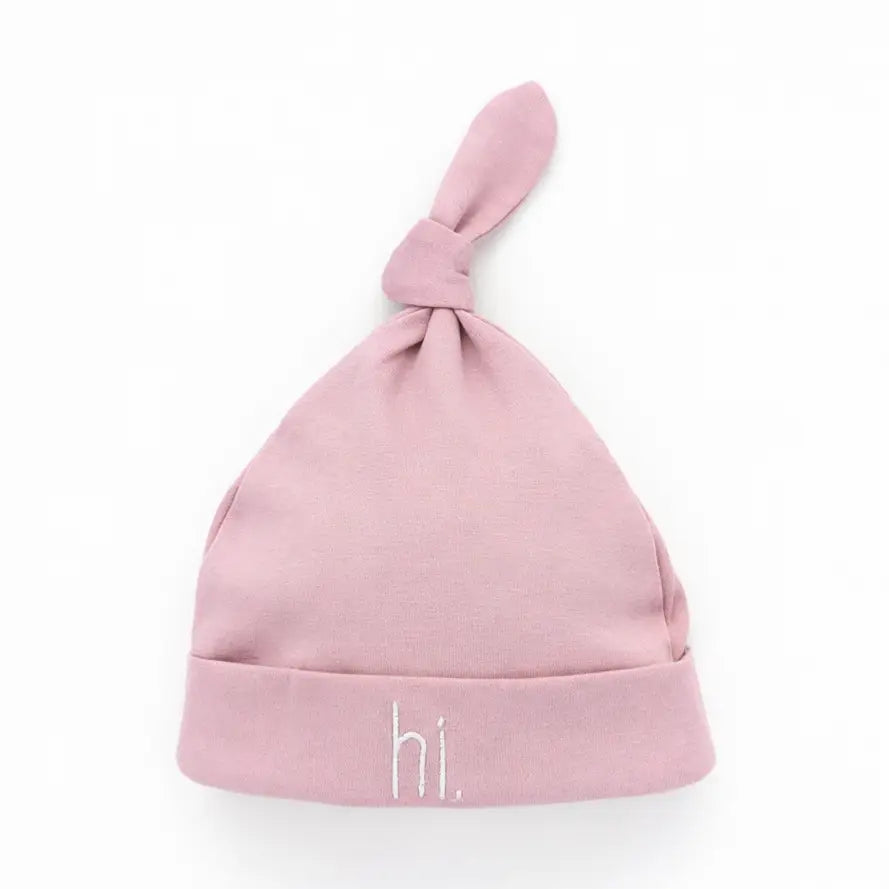 Hi. Embroidered Rosy Pink Cotton Knit Onesie & Top Knot Hat