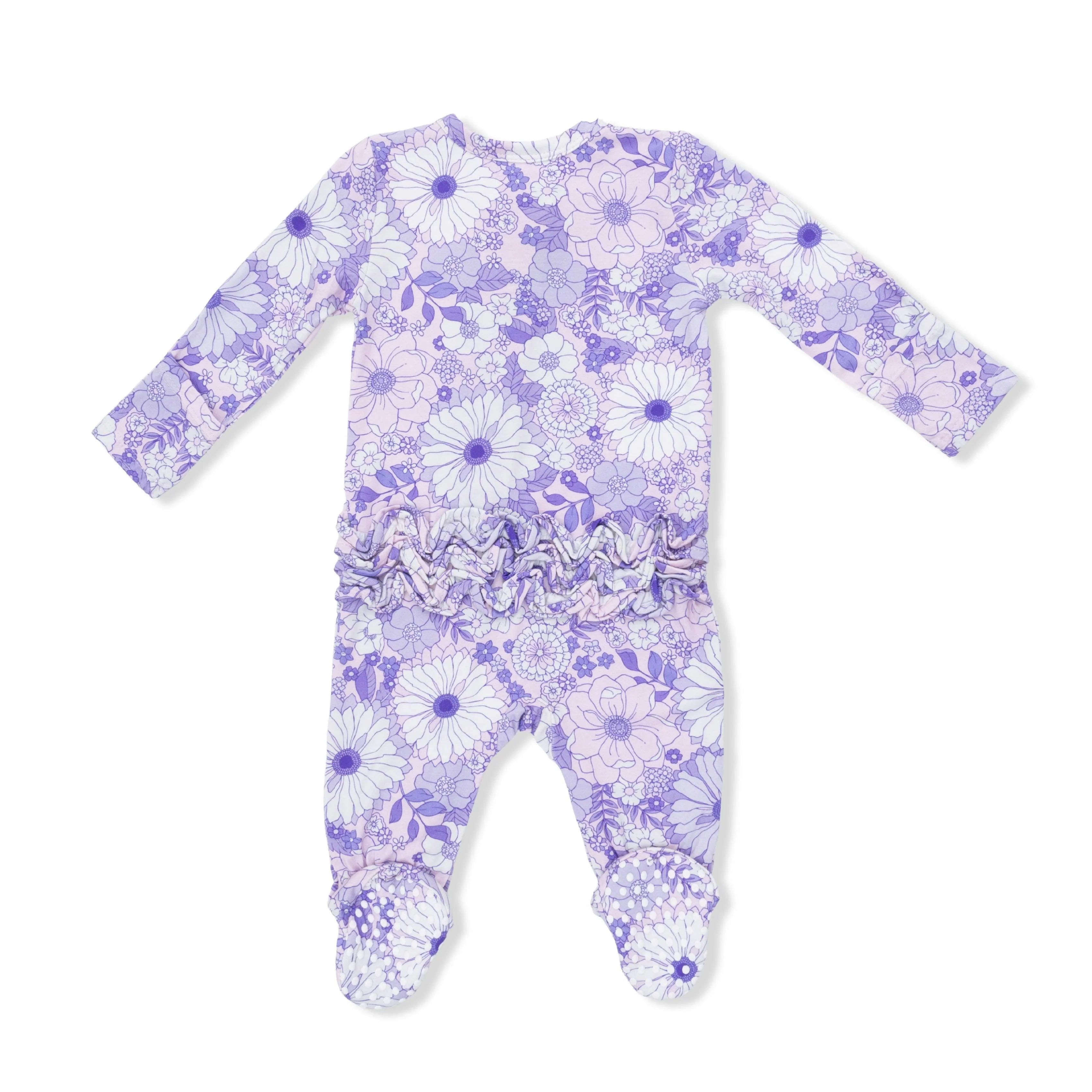 Lacy Lavender Floral 2 Way Ruffle Back Zipper Footie