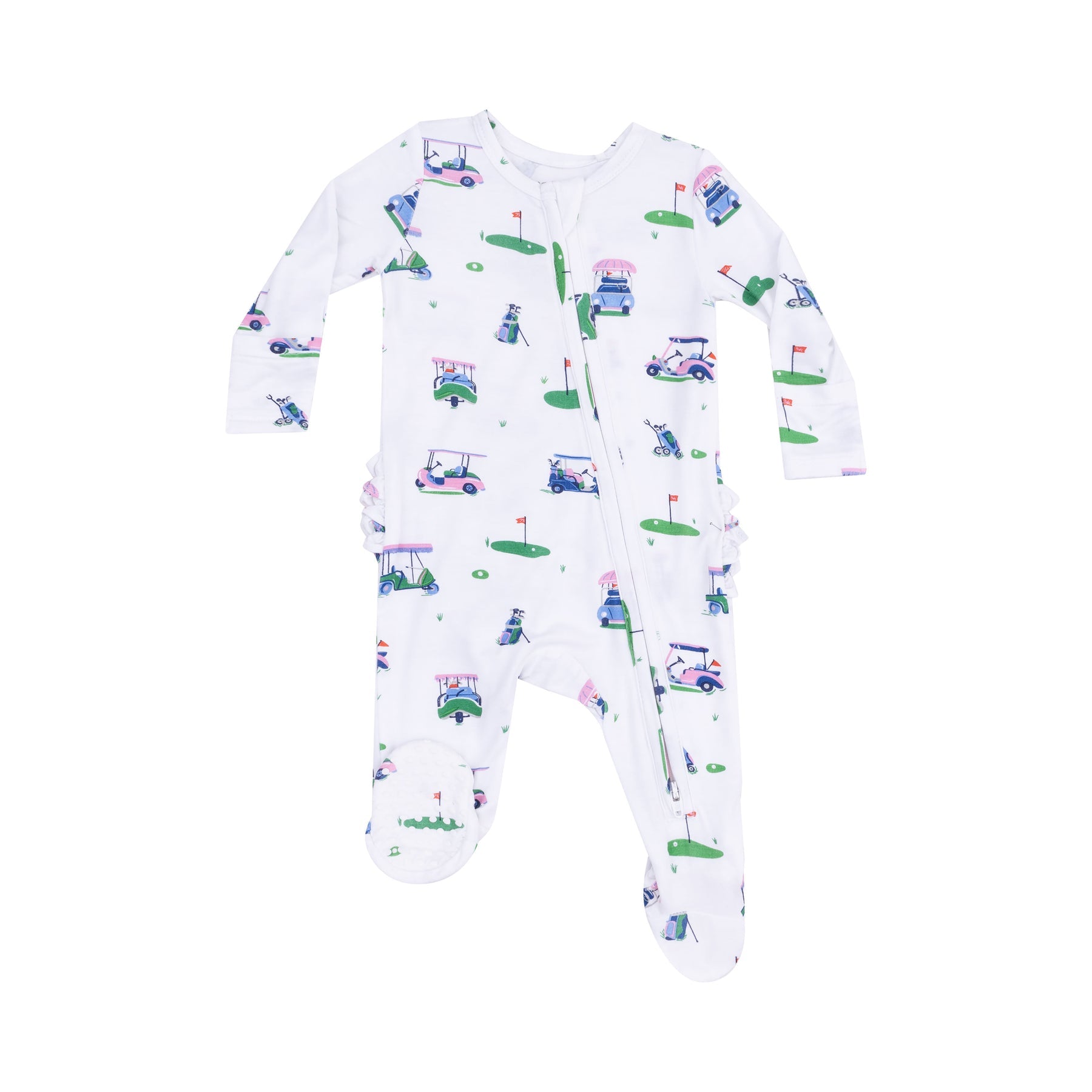 Vintage Golf Carts Pink 2 Way Ruffle Back Zipper Footie - Twinkle Twinkle Little One