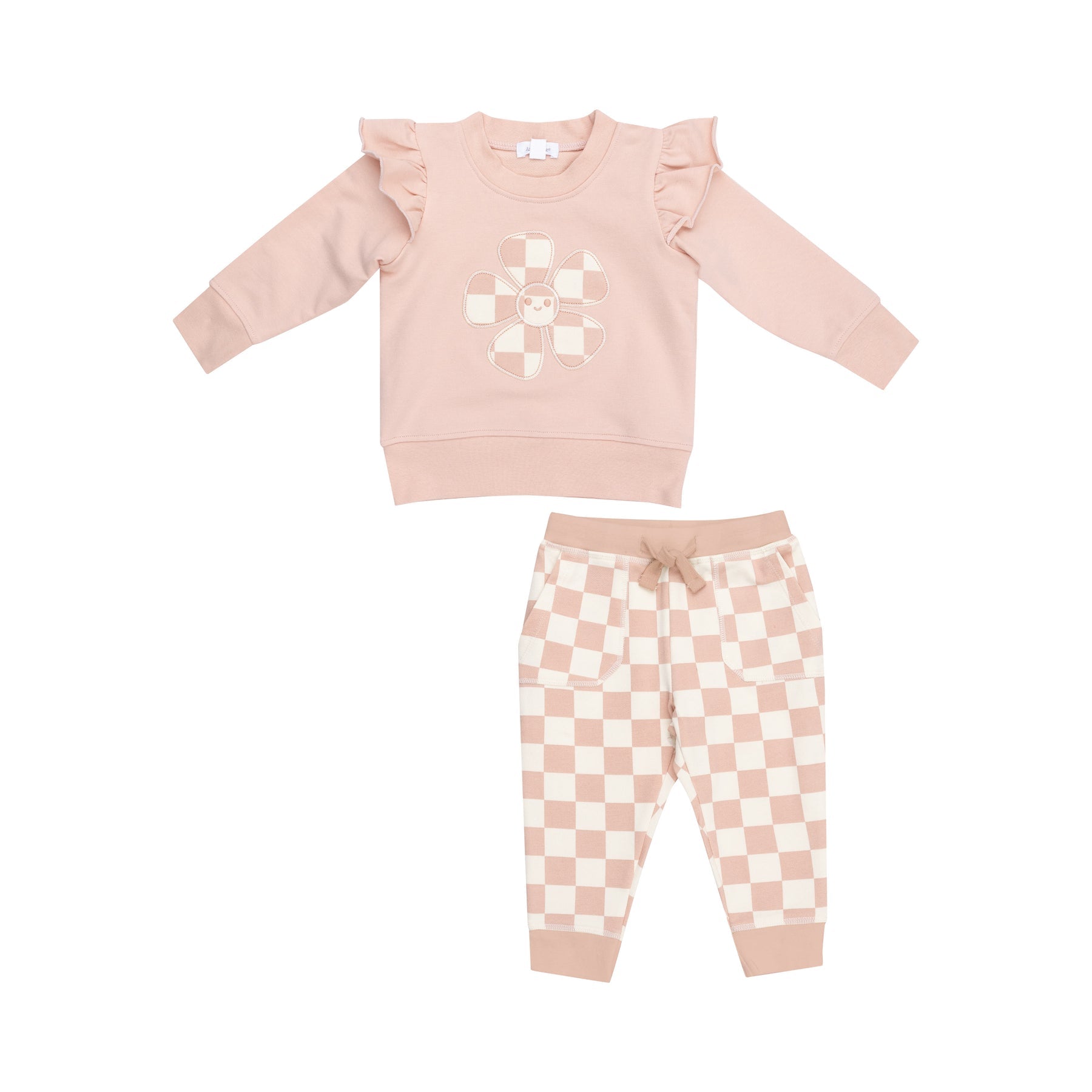 Checkerboard Pink Daisy Patch French Terry Ruffle Sweatshirt & Paperbag Jogger Set - Twinkle Twinkle Little One