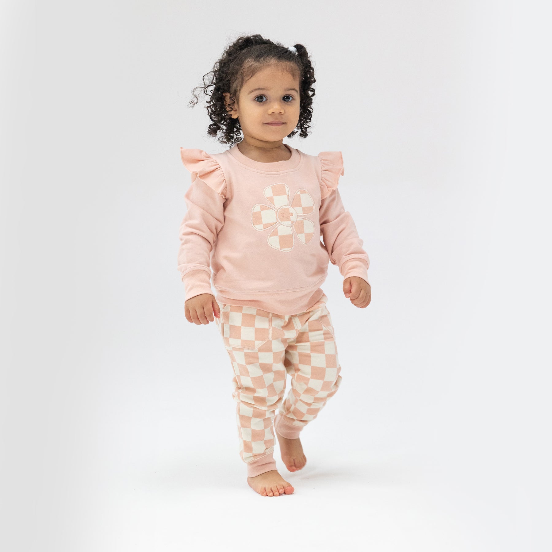 Checkerboard Pink Daisy Patch French Terry Ruffle Sweatshirt & Paperbag Jogger Set - Twinkle Twinkle Little One