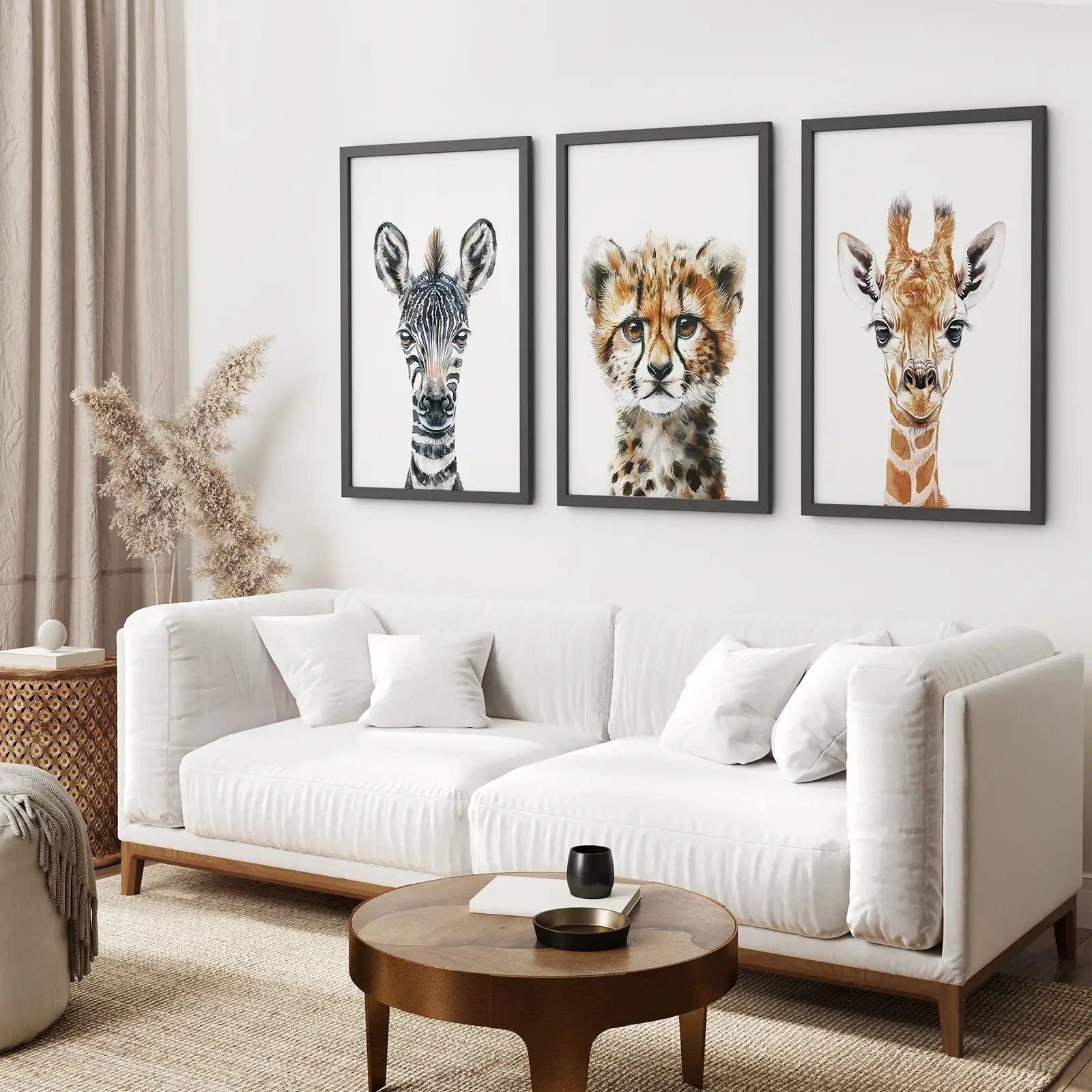 Thin Framed Safari Nursery Art Prints: Zebra, Leopard, Giraffe - Set of 3