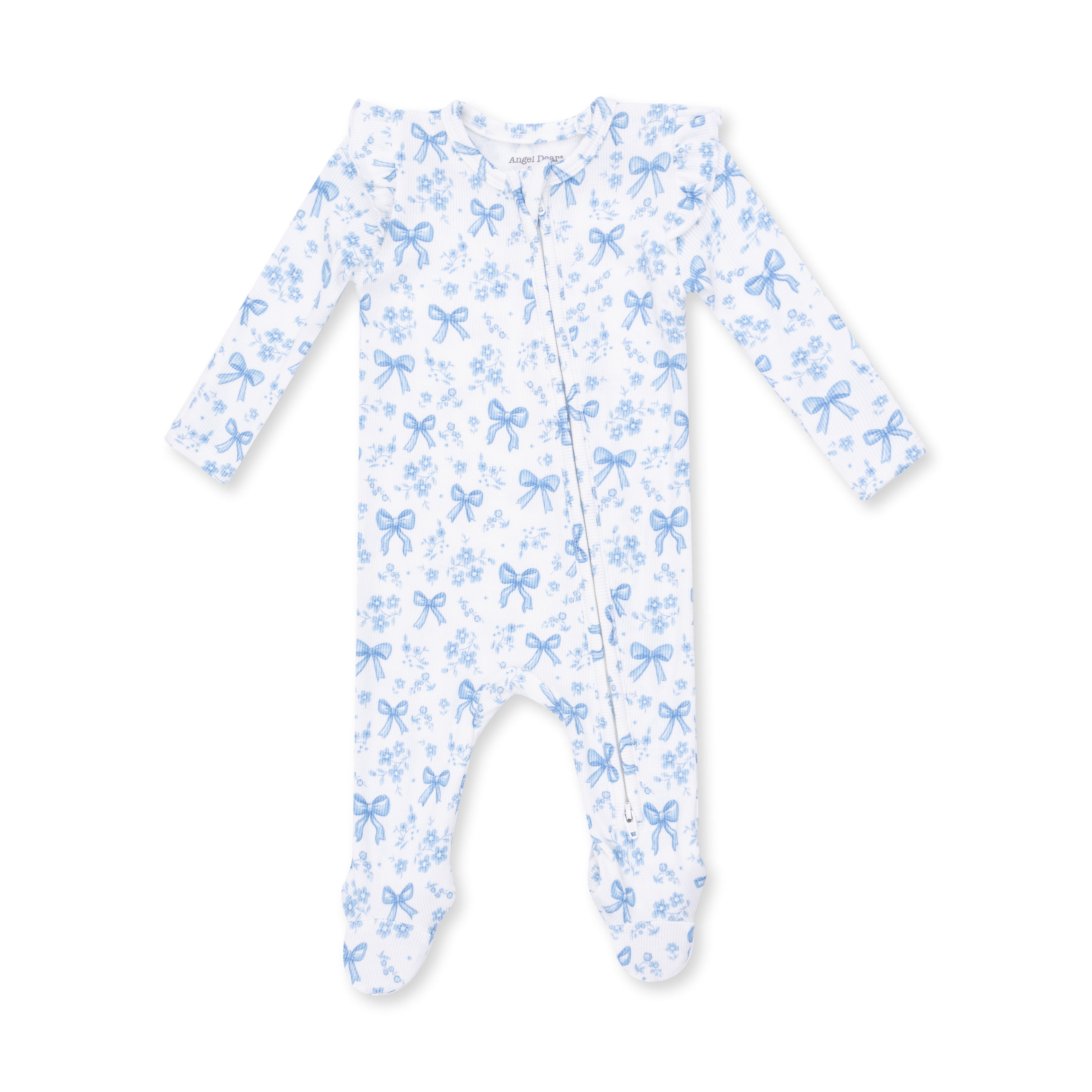 Angel Dear Blue Bows and Flowers 2 Way Ruffle Sleeve Zipper Footie