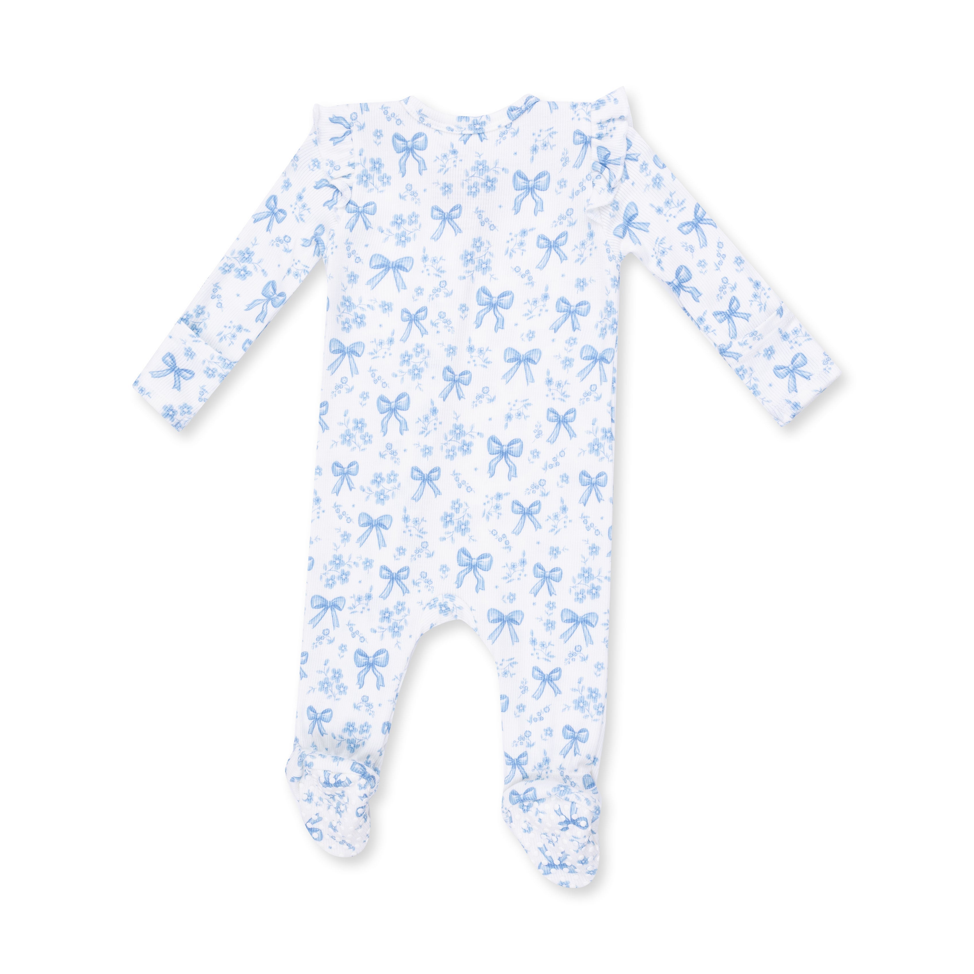 Angel Dear Blue Bows and Flowers 2 Way Ruffle Sleeve Zipper Footie