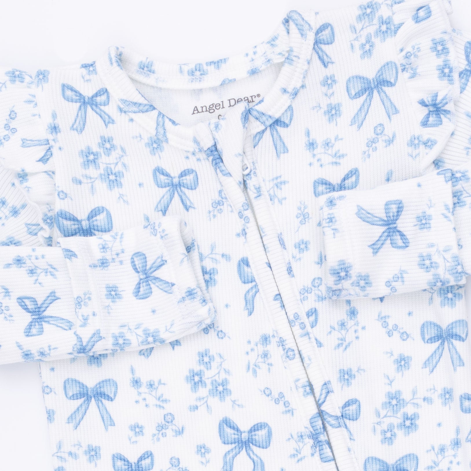 Angel Dear Blue Bows and Flowers 2 Way Ruffle Sleeve Zipper Footie