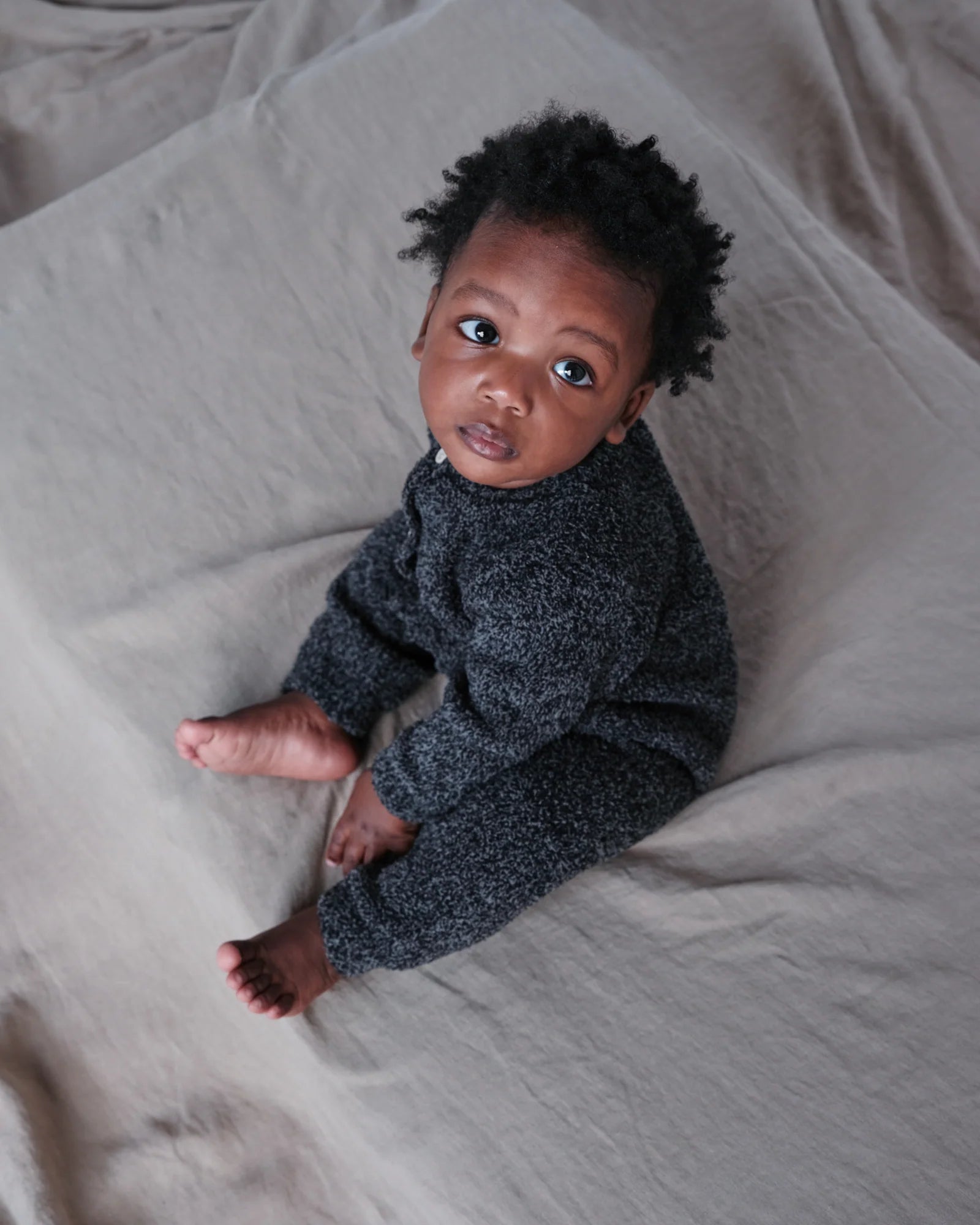 7 A.M. Enfant Fuzzy Long Sleeve Romper - Black Melange - Twinkle Twinkle Little One