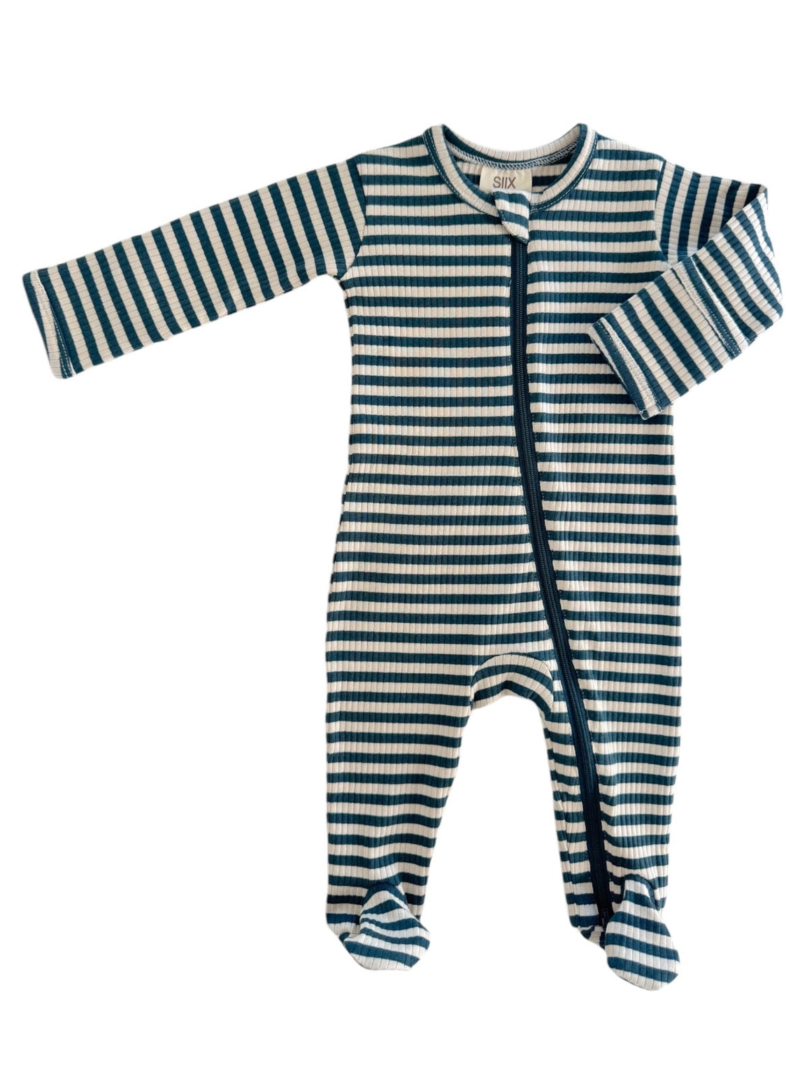 Steel Blue Stripe Organic Ribbed Zip Footie - Twinkle Twinkle Little One