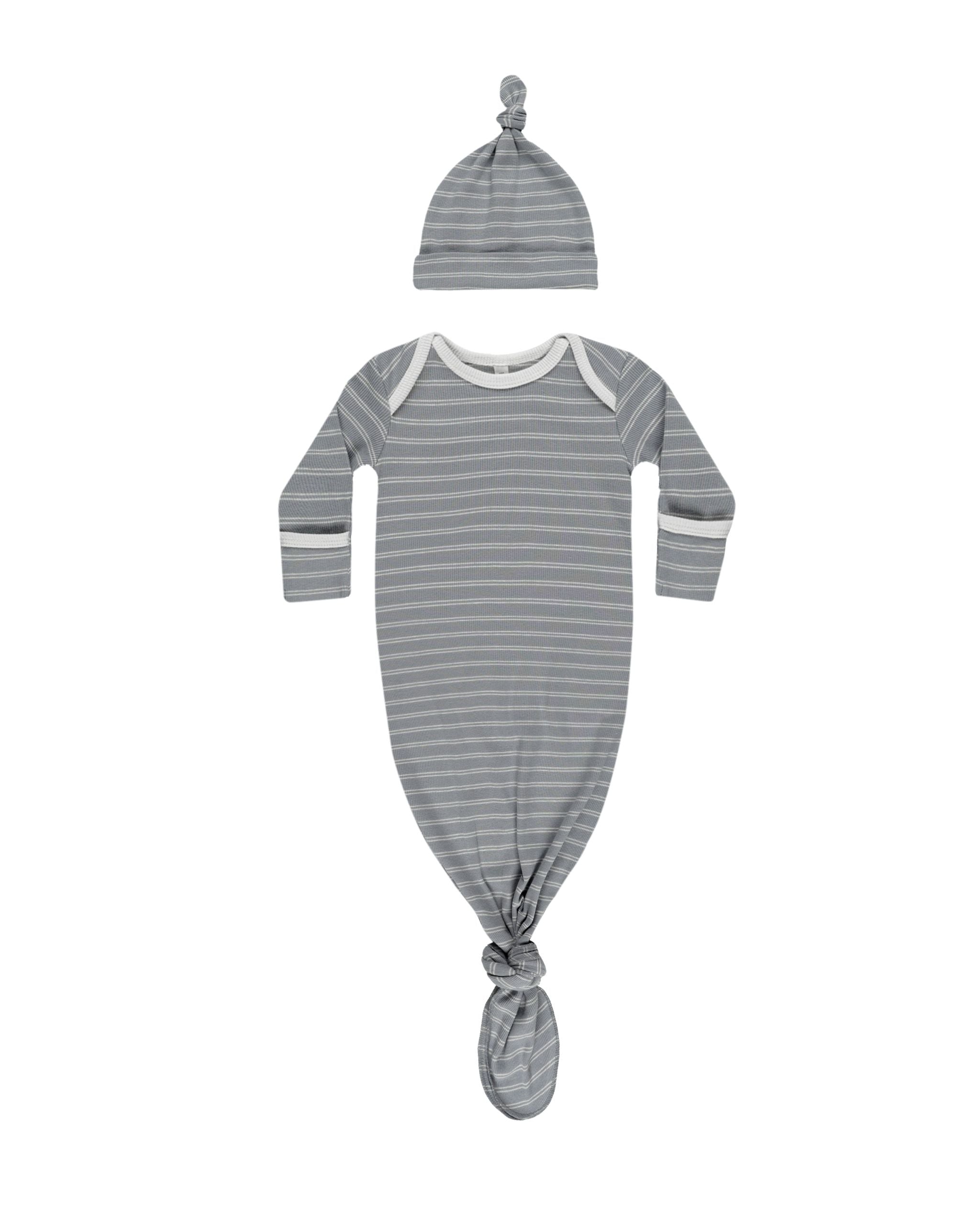 Knotted Baby Gown + Hat Set - Blue Pinstripe - Twinkle Twinkle Little One