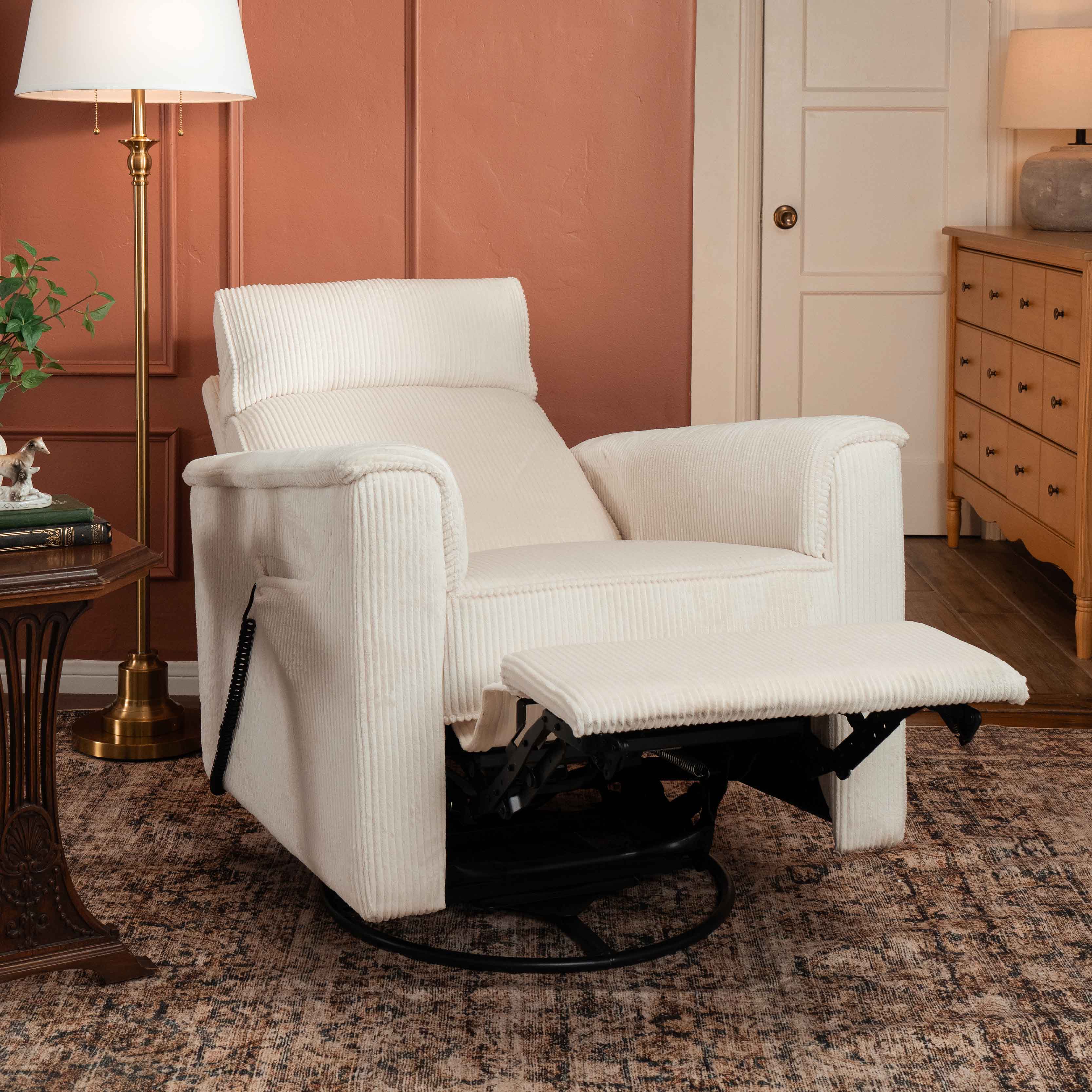 Monogram by Namesake Willa Deluxe Power Recliner and Swivel Glider with Heat + Massage | Ivory Corduroy | EXCLUSIVE!