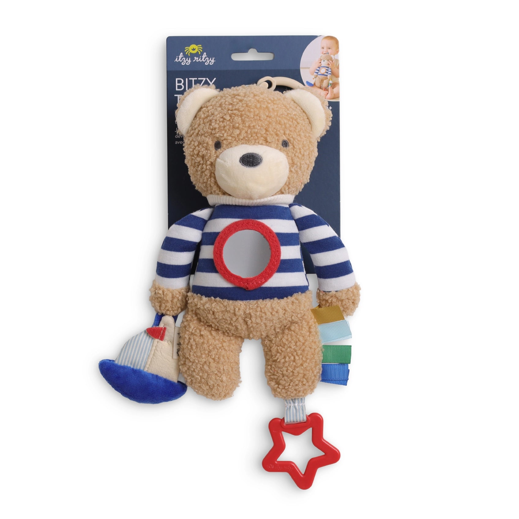 Teddy bear toy with striped sweater and colorful legs on a white background