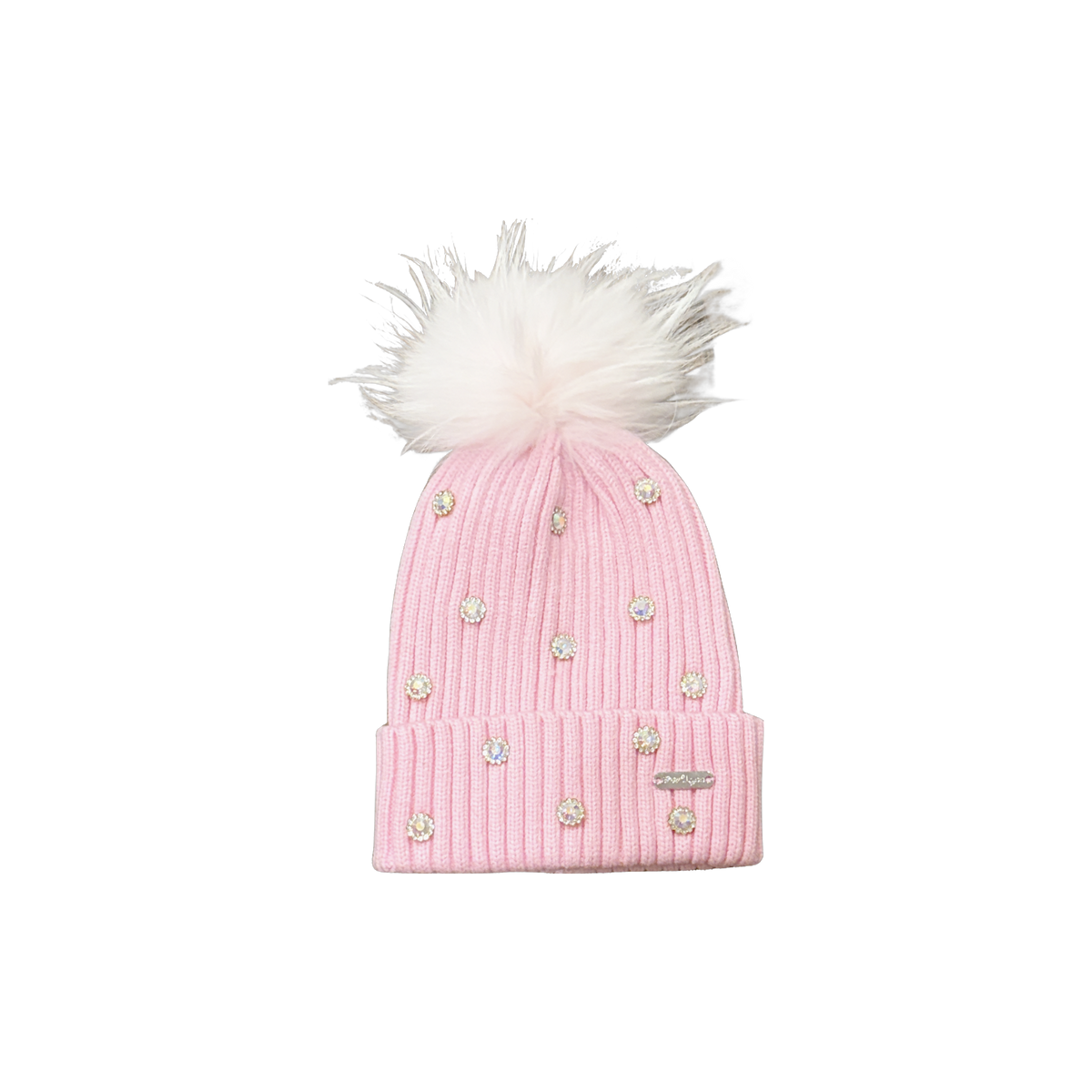 Pink Toddler Baby Rib Jewel Hat with Fur Pom