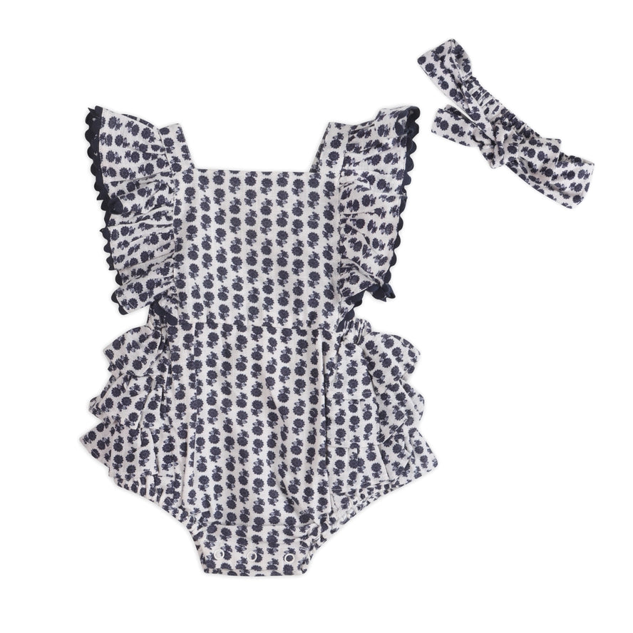 Everly Blue Floral Organic Baby Romper & Headband Set