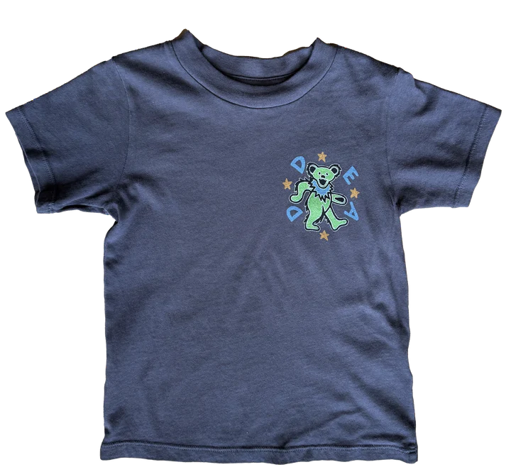 Black t-shirt with a green bear graphic and text on a white background