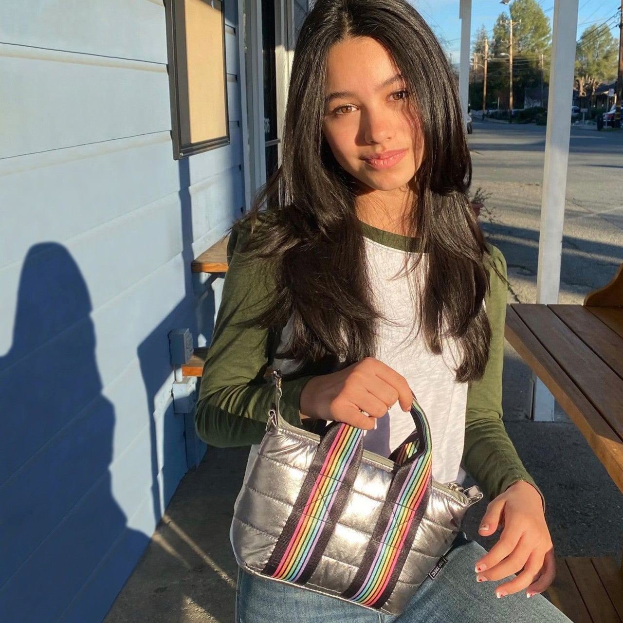 Gunmetal Puffer Tiny Tote Rainbow Track Straps - Twinkle Twinkle Little One