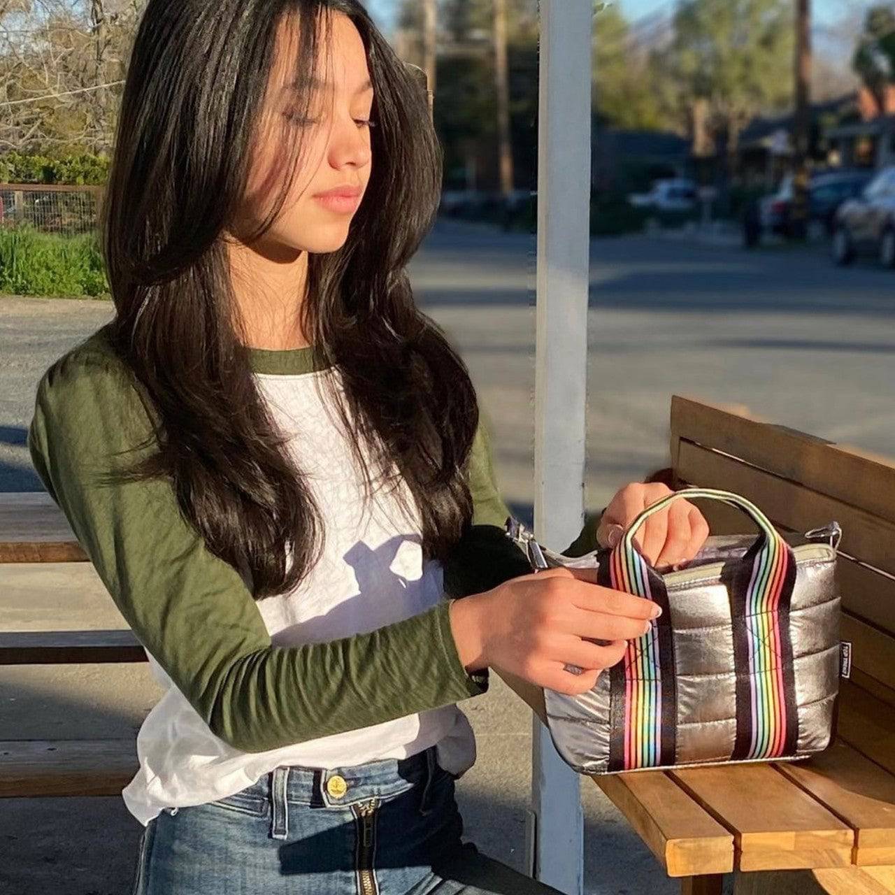 Gunmetal Puffer Tiny Tote Rainbow Track Straps - Twinkle Twinkle Little One