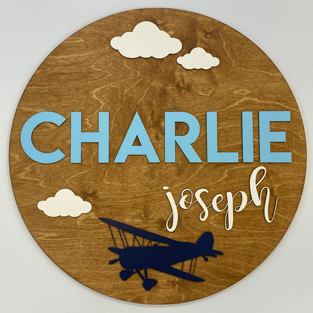 Sugar + Maple Round Personalized Name Sign | Airplane - Twinkle Twinkle Little One