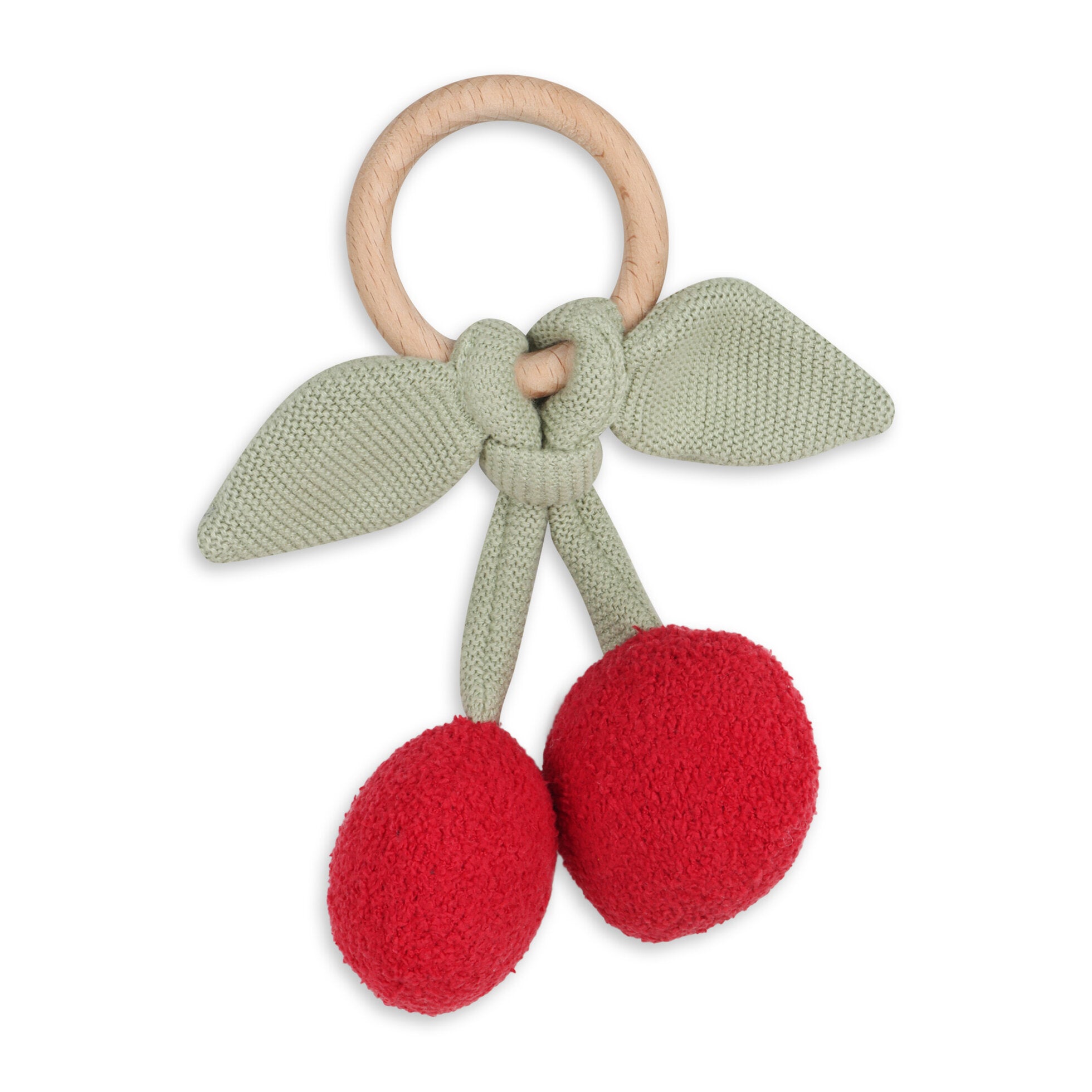 Teething ring with red berries and green knitted bow on a white background
