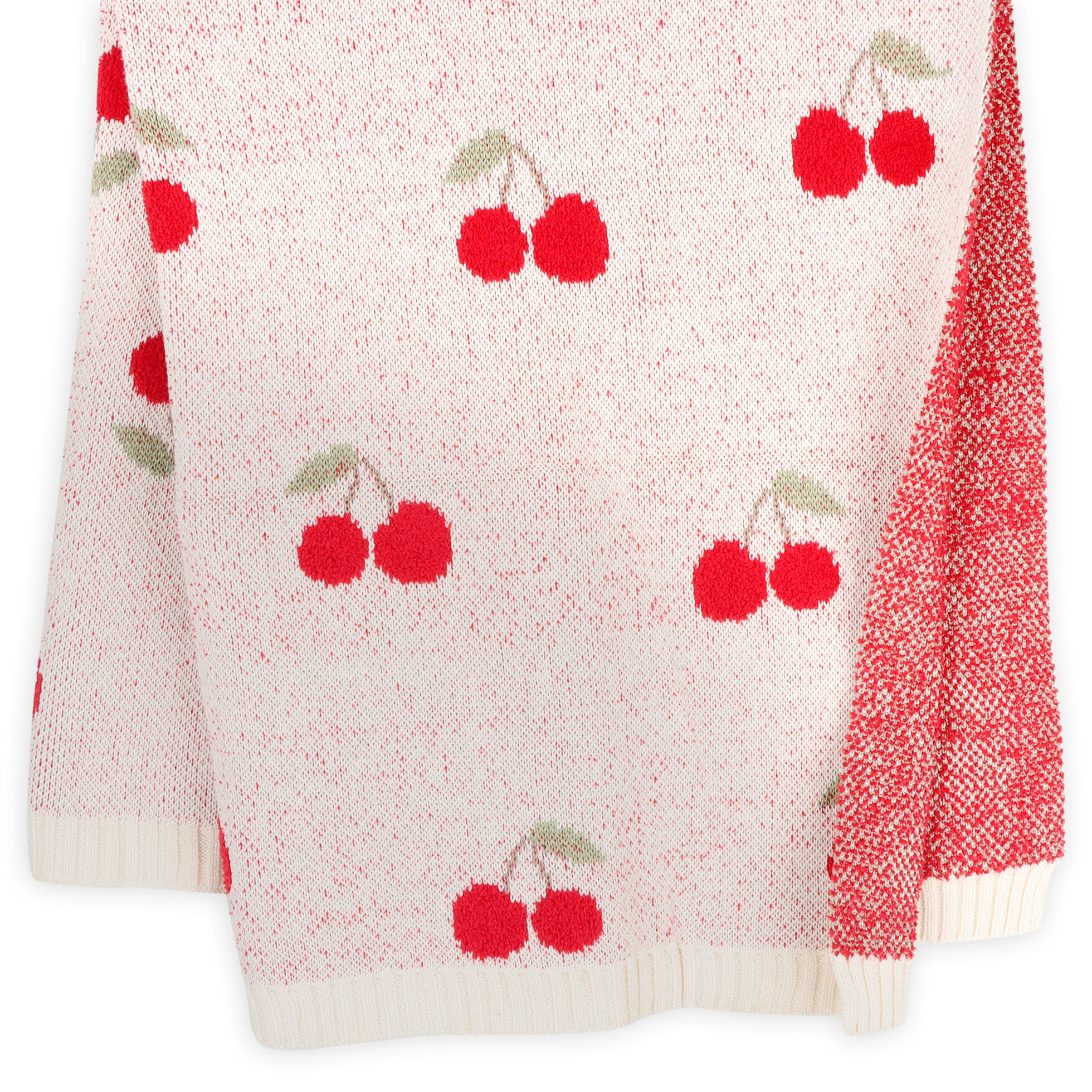 Knitted blanket with cherry pattern on a white background