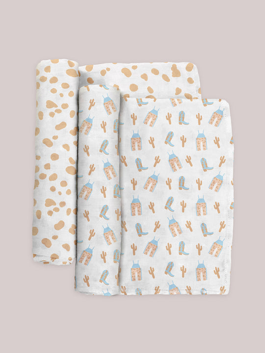 2-PACK SQUARE SWADDLE BLANKET SET - HOWDY PARTNER BLUE - Twinkle Twinkle Little One