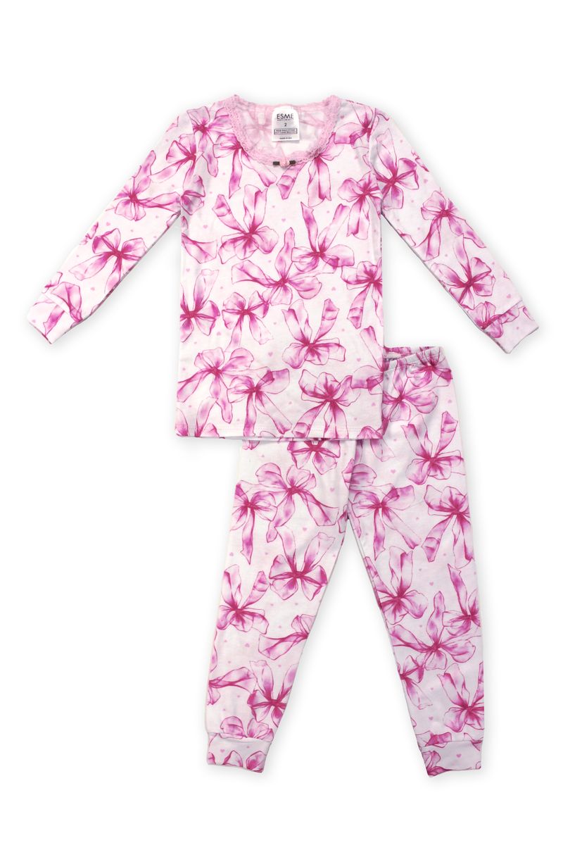 Pink and white pajama set with bow pattern on a white background