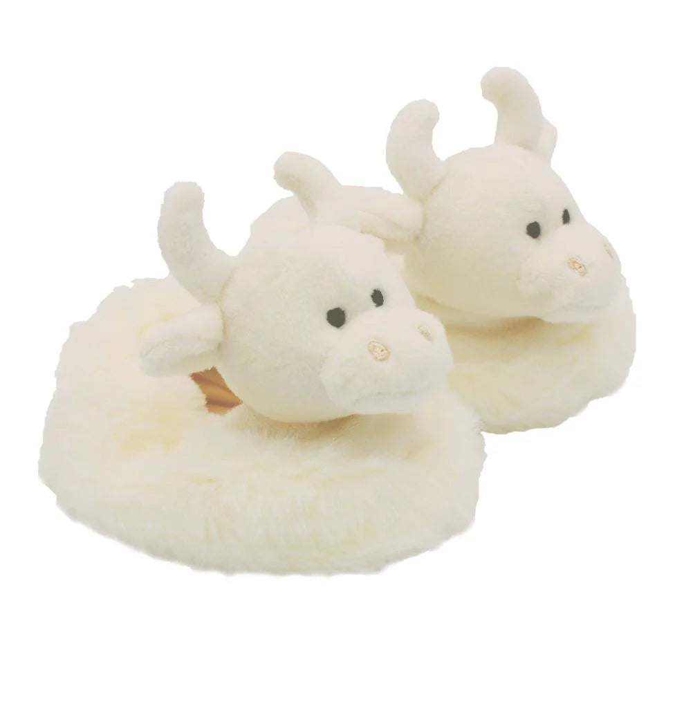 Cream Highland Cow Plush Baby Slippers