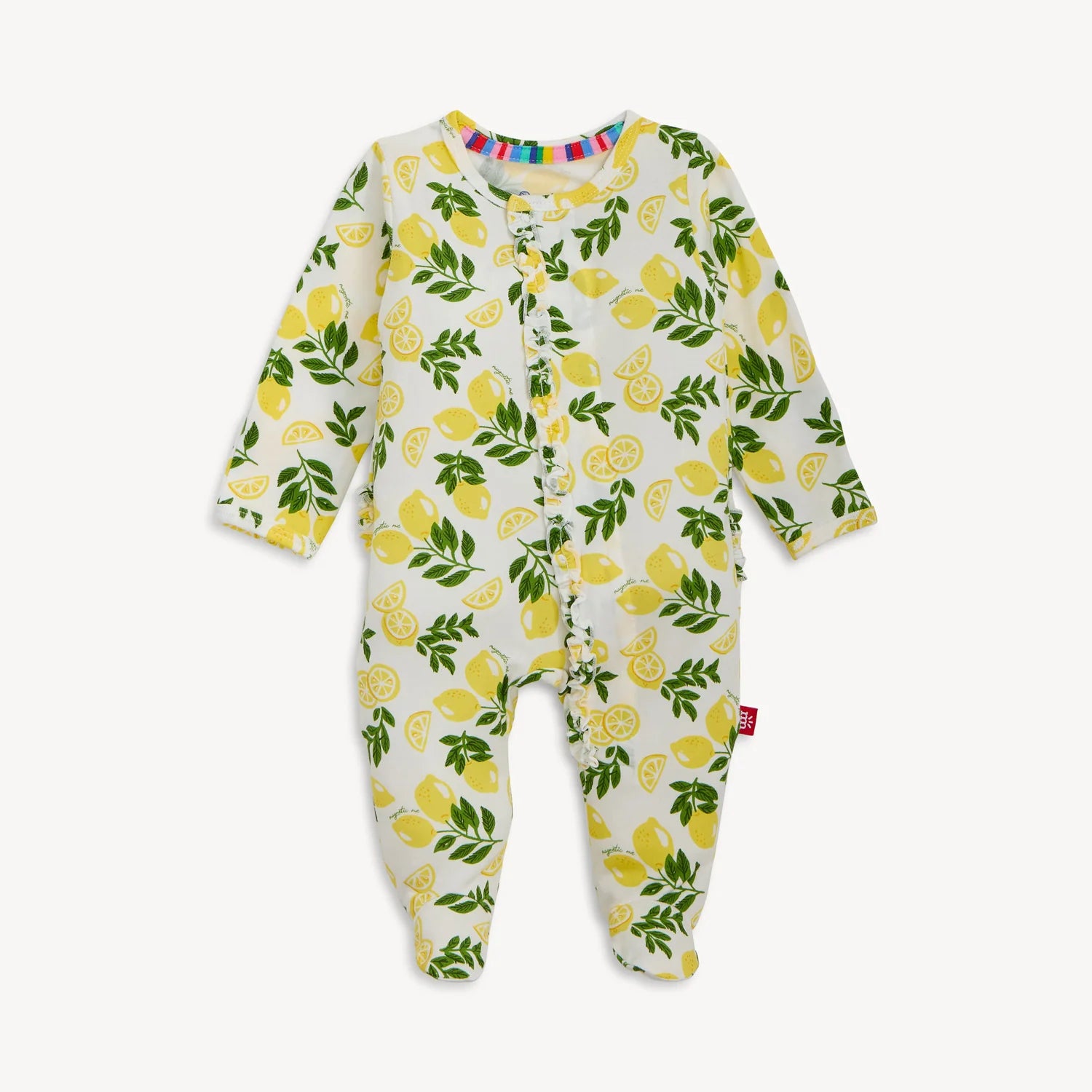 Baby onesie with lemon pattern on a white background