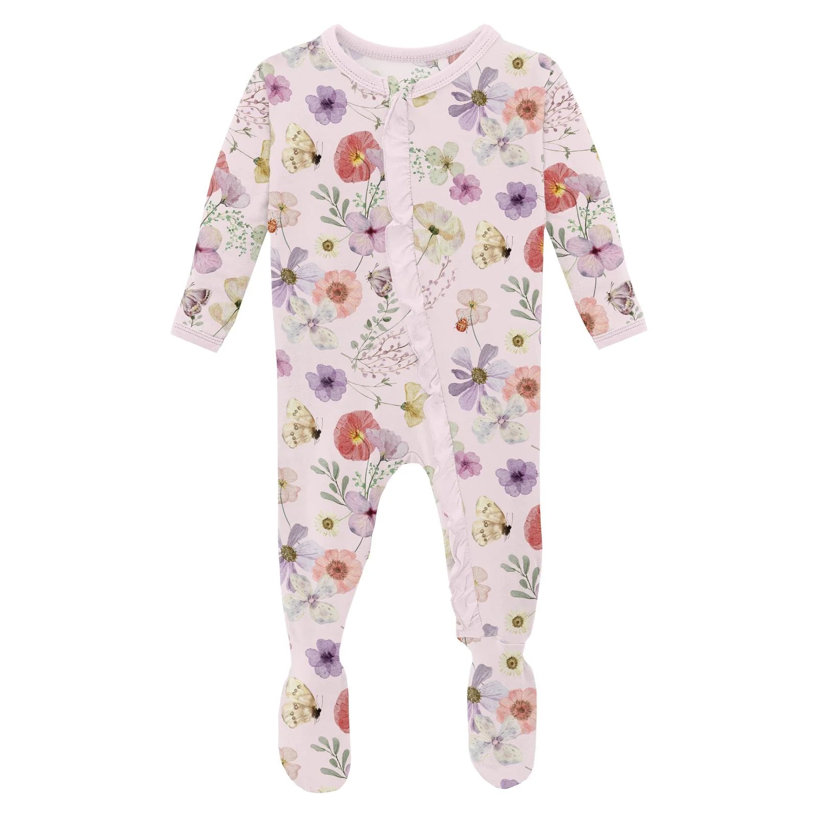 Print Classic Ruffle Footie with Zipper Shrinking Violet Pressed Flowers - Twinkle Twinkle Little One