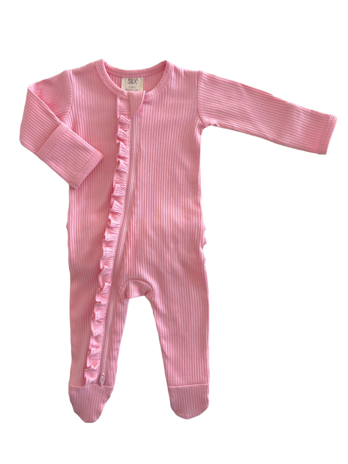 Pink Organic Ribbed Frill Zip Footie - Twinkle Twinkle Little One