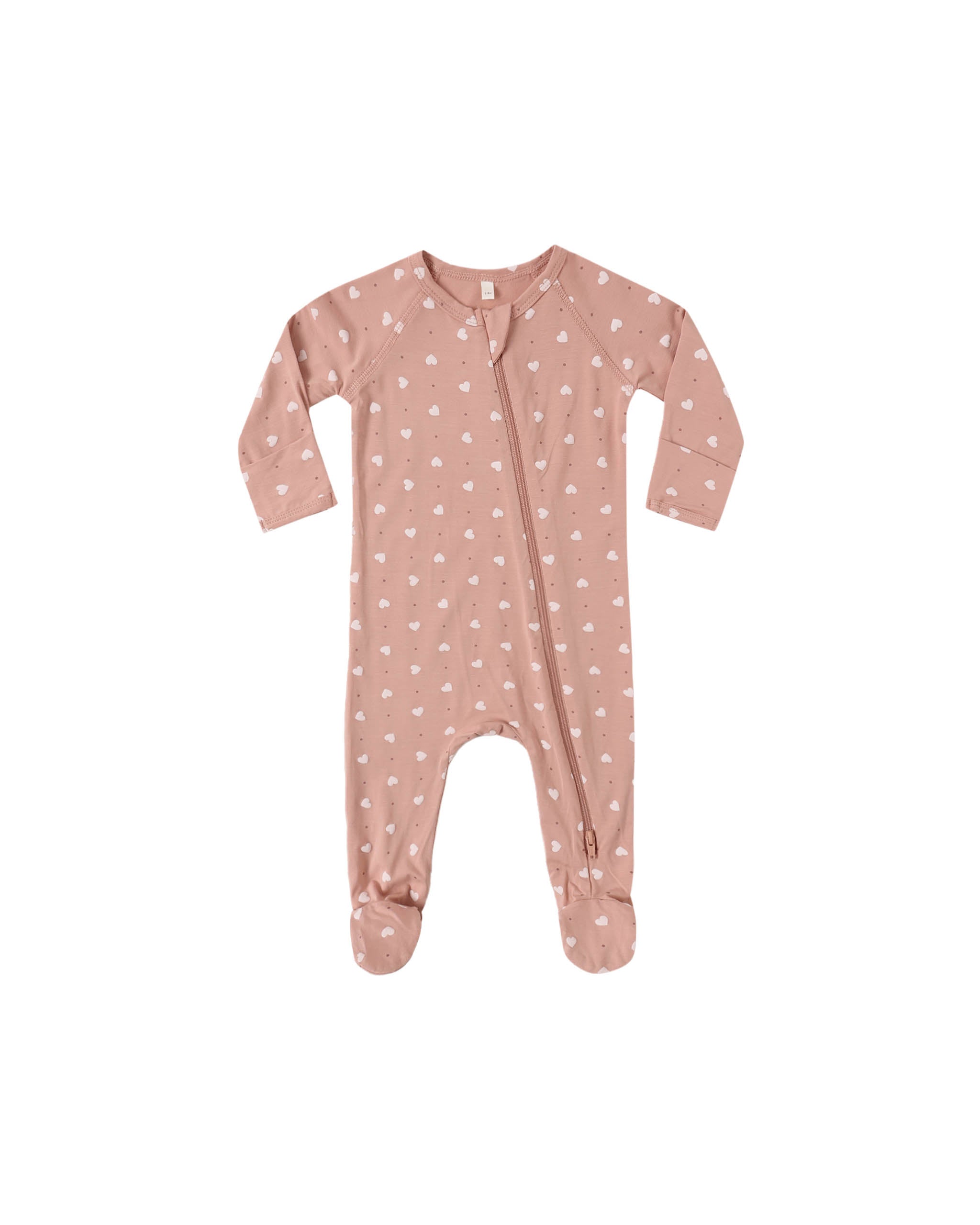 Pink baby onesie with white patterns on a white background