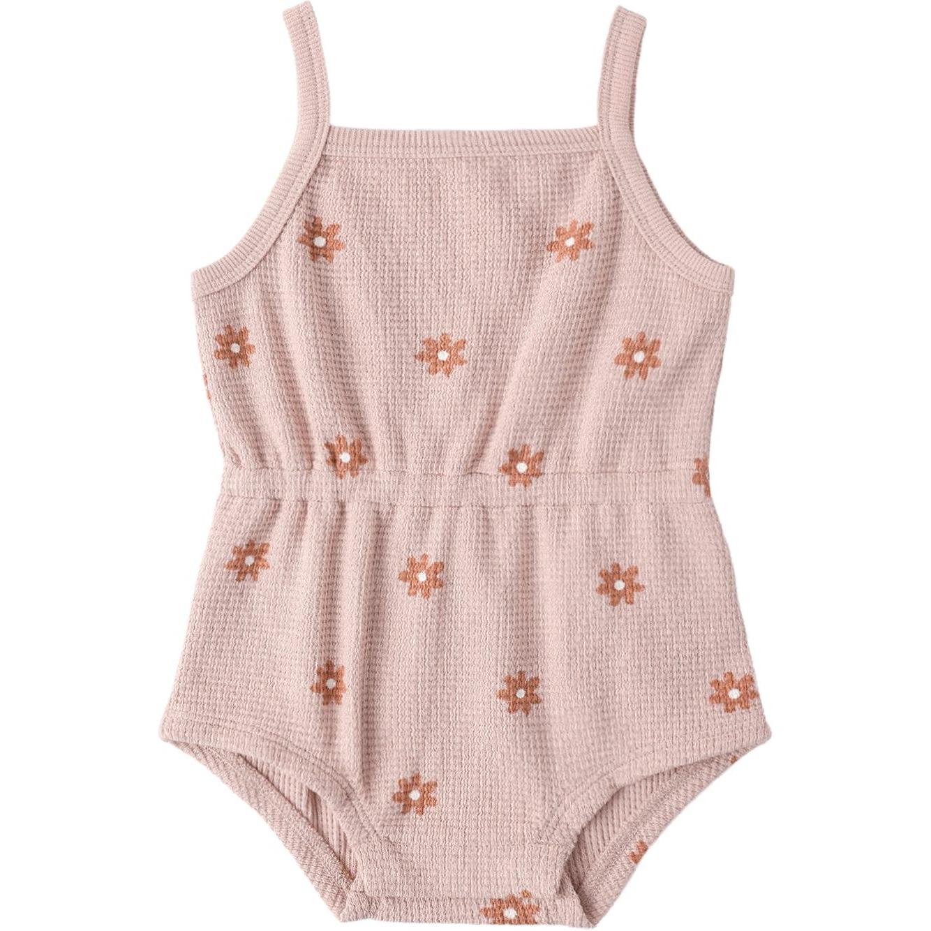 Quincy Mae Waffle Cinch Romper || Pink Daisy