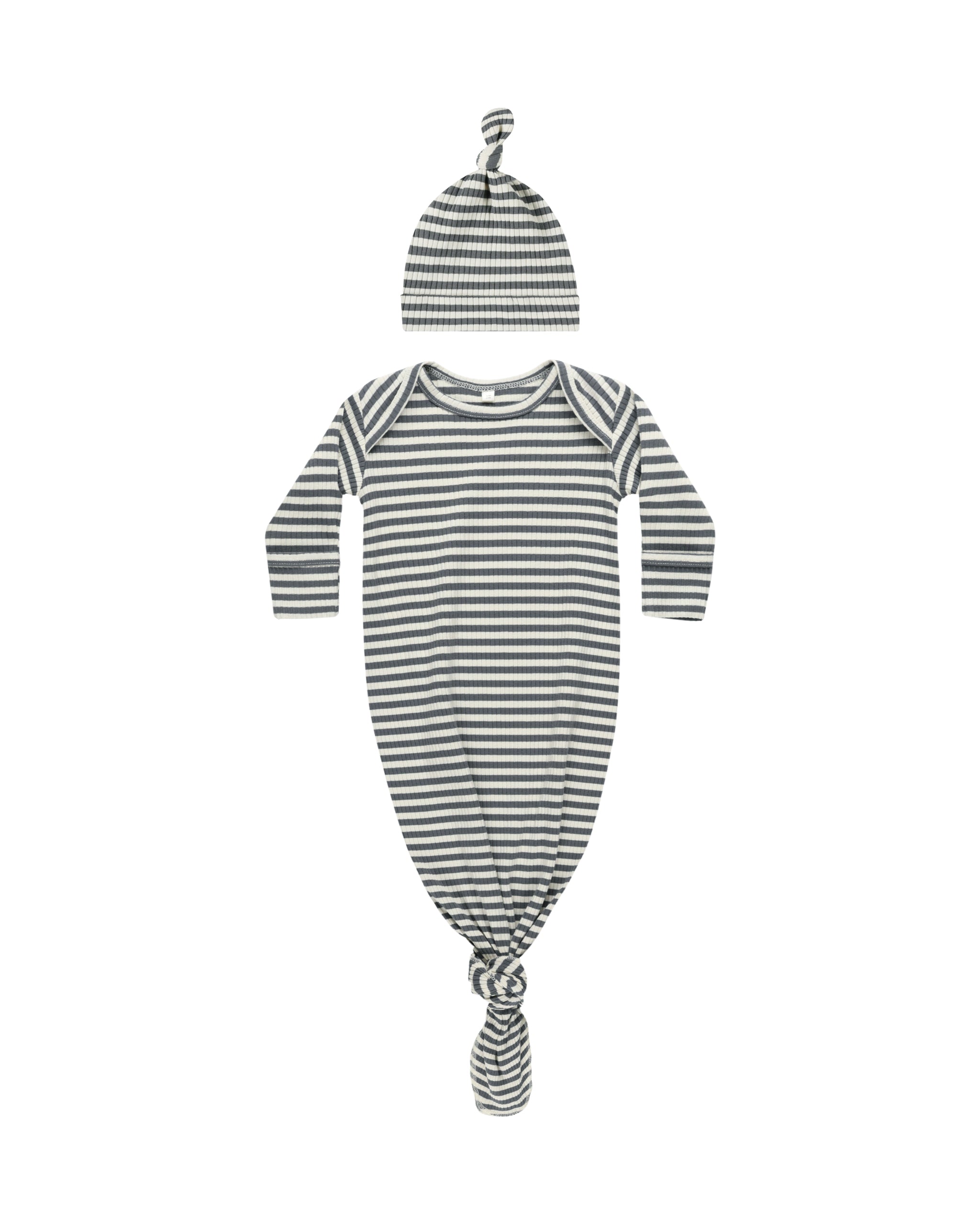 Knotted Baby Gown + Hat Set - Indigo Stripe - Twinkle Twinkle Little One