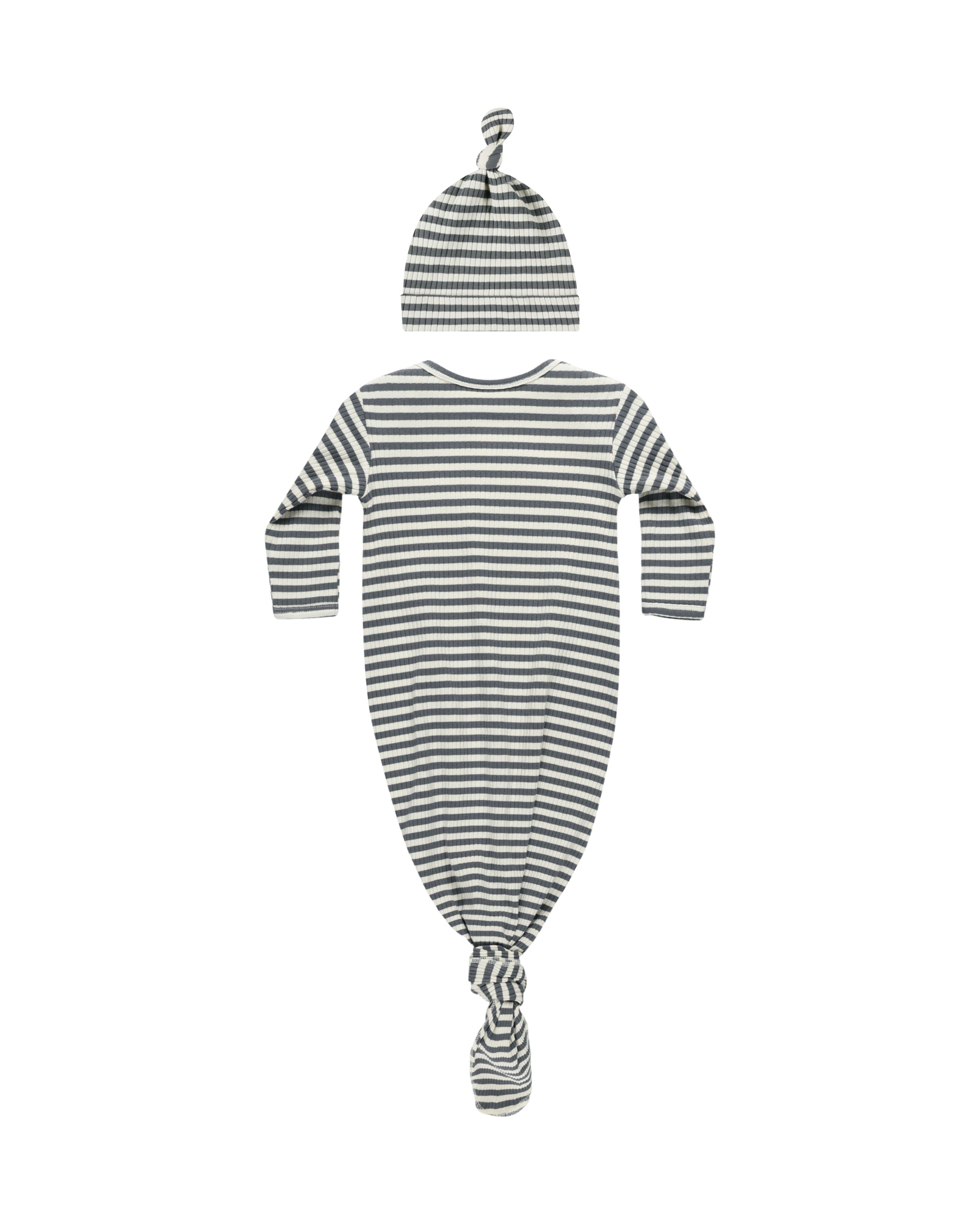 Knotted Baby Gown + Hat Set - Indigo Stripe - Twinkle Twinkle Little One